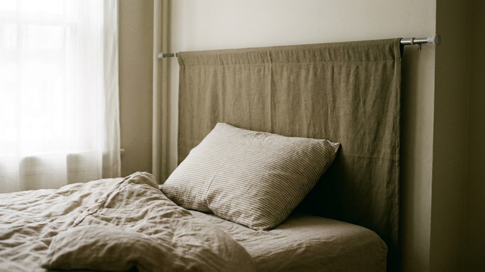 tension rod mounted headboard with fabric behind a bed