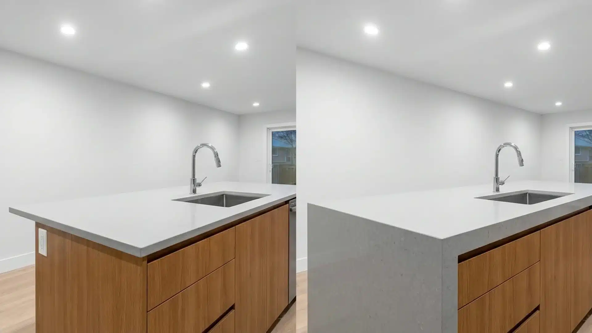 before and after kitchen island showing a plain wood base updated with a grey stone waterfall panel