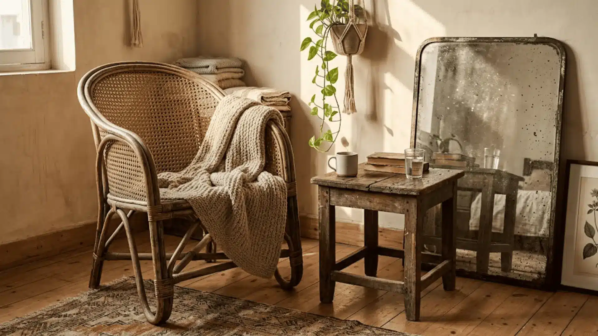 curved vintage rattan chair, weathered wood side table, and antique mirror in a warm boho bedroom corner