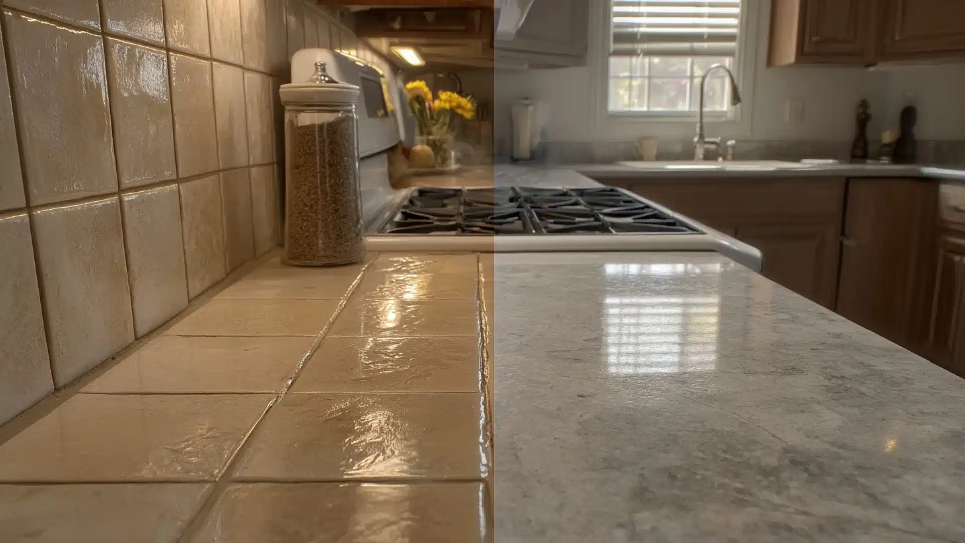 before and after kitchen counter showing beige tile replaced with a seamless grey stone surface