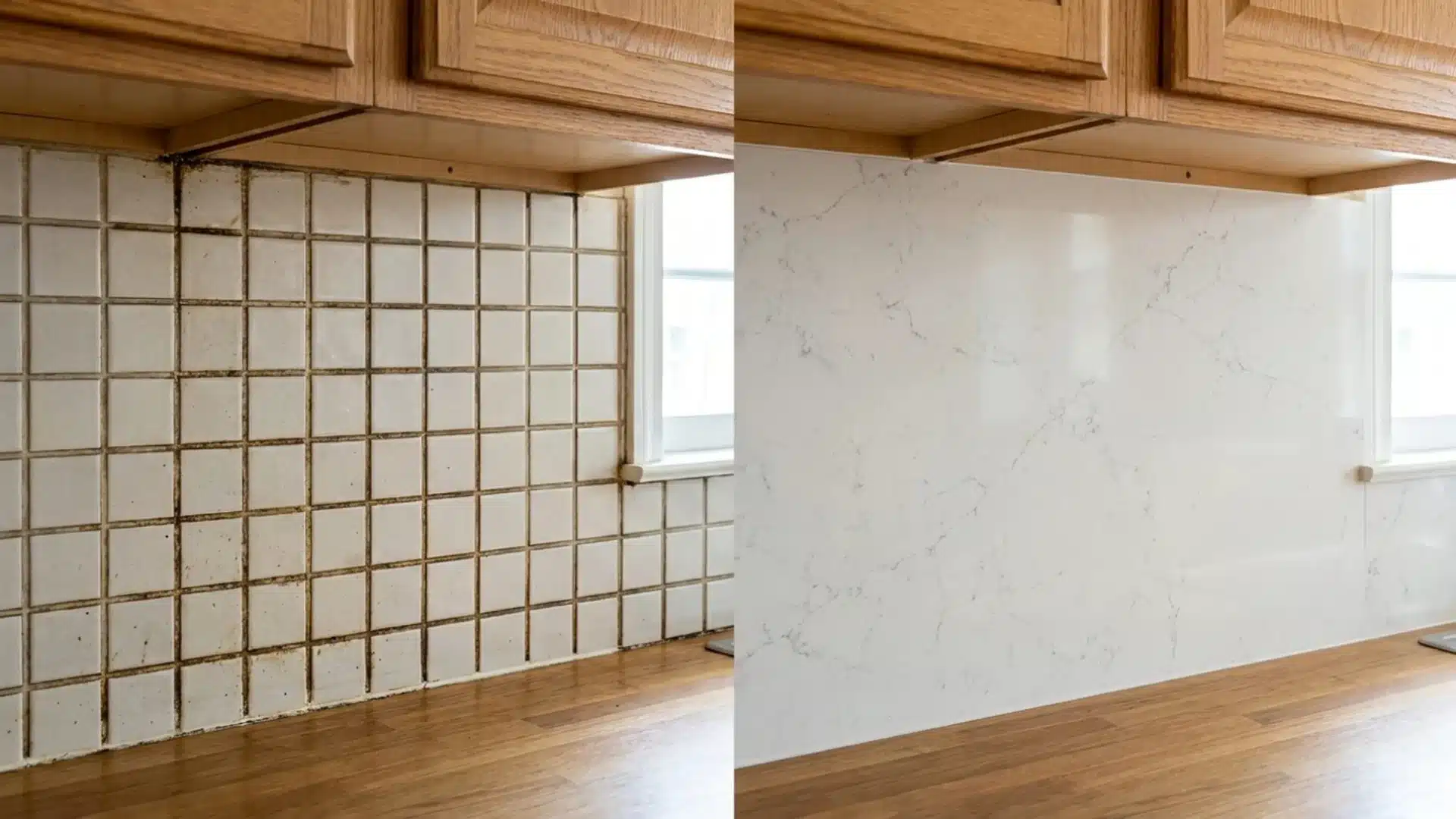 before and after kitchen backsplash showing mouldy square tile replaced with a seamless marble slab