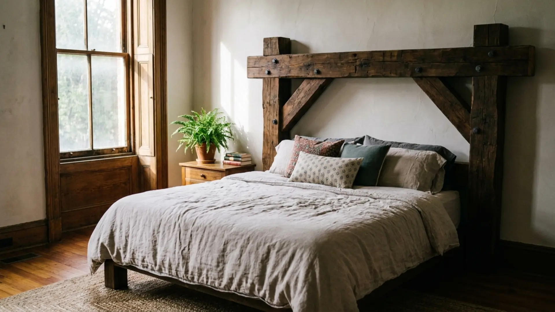 timber frame headboard with exposed beams behind a bed