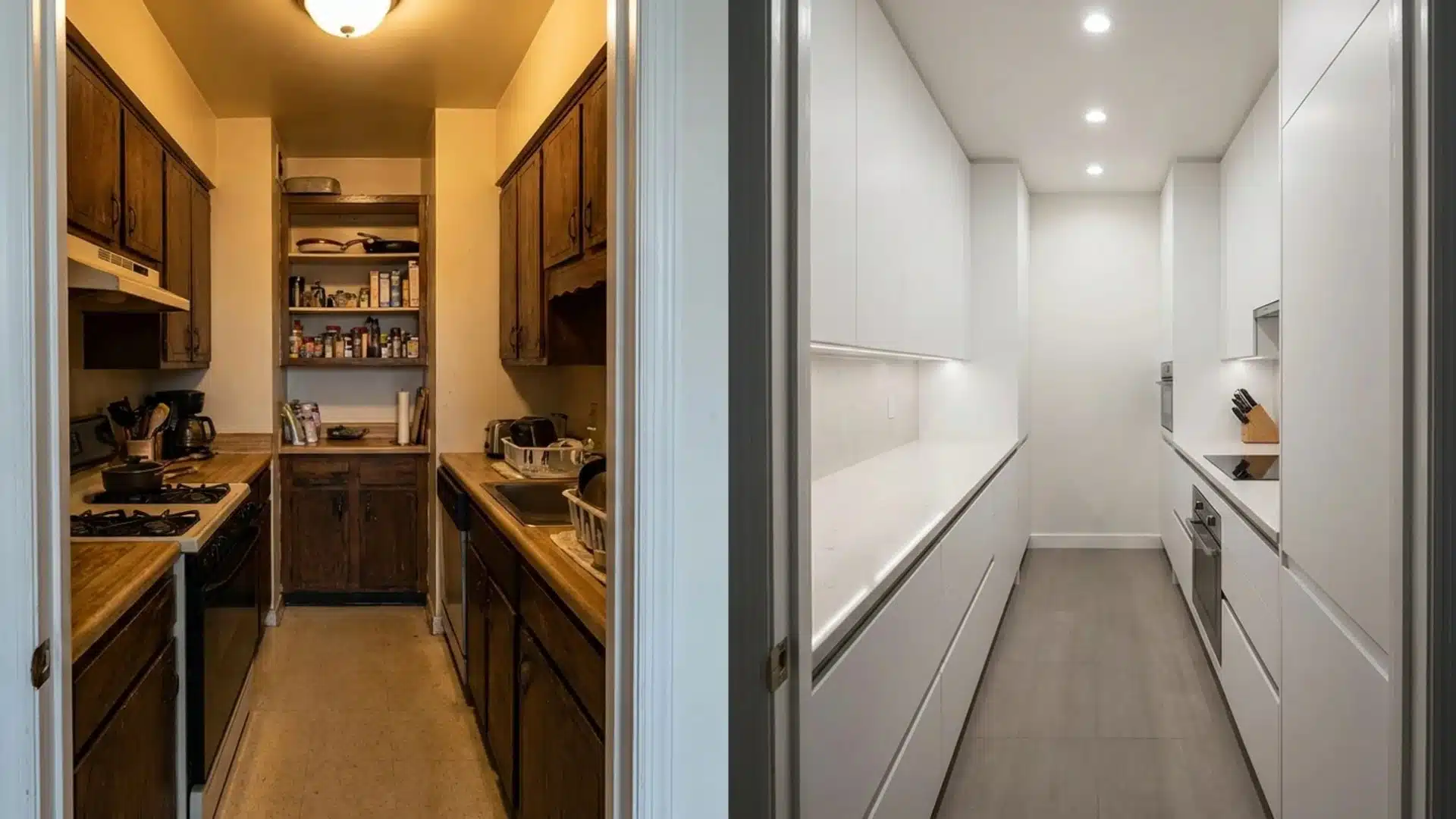 before and after narrow galley kitchen showing dated wood cabinets replaced with sleek white cabinetry