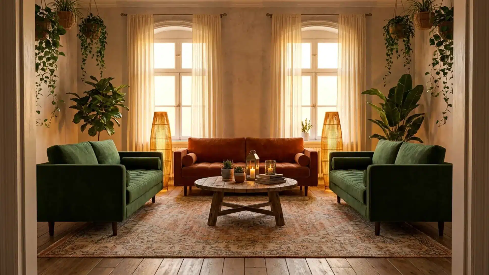 cozy living room with two green velvet sofas and an orange leather sofa around a wood coffee table