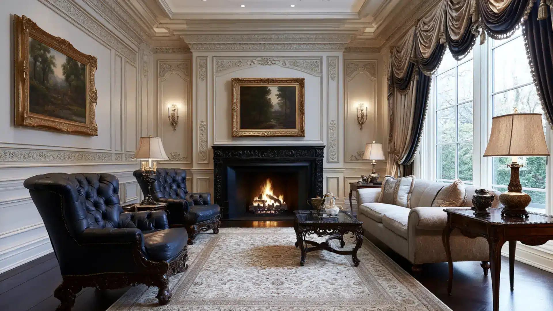 traditional style living room with tufted leather chairs ornate fireplace crown molding and draped navy curtains