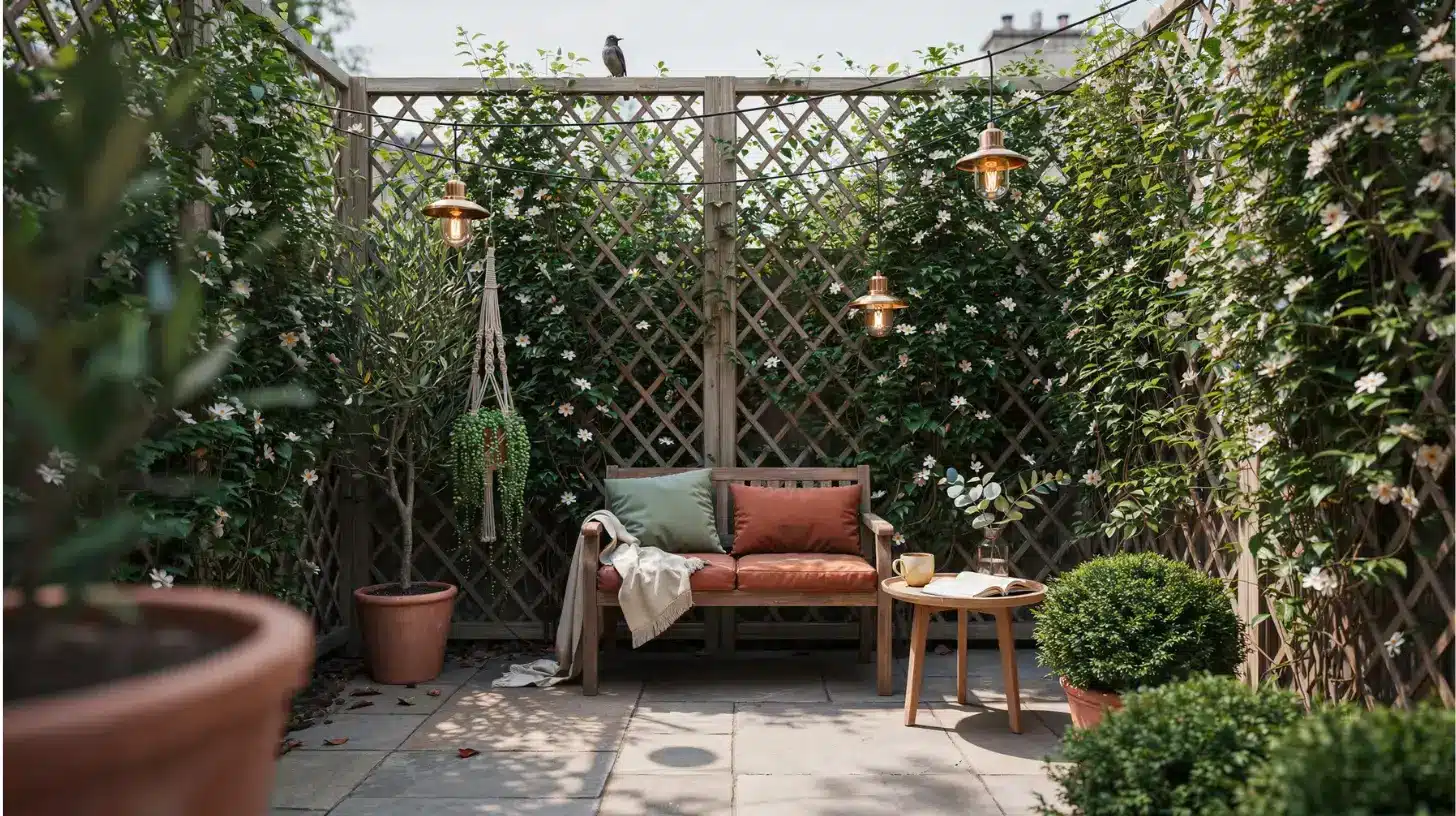 very small backyard trellis wall with vines and cozy seating nook