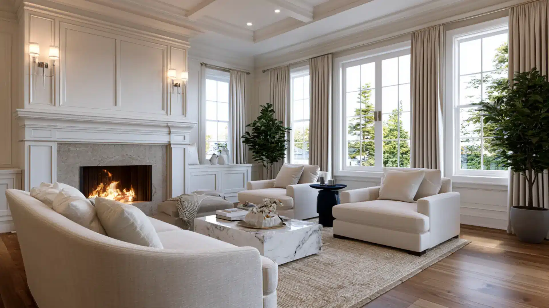 transitional living room with cream upholstered sofas marble coffee table white paneled fireplace and coffered ceiling