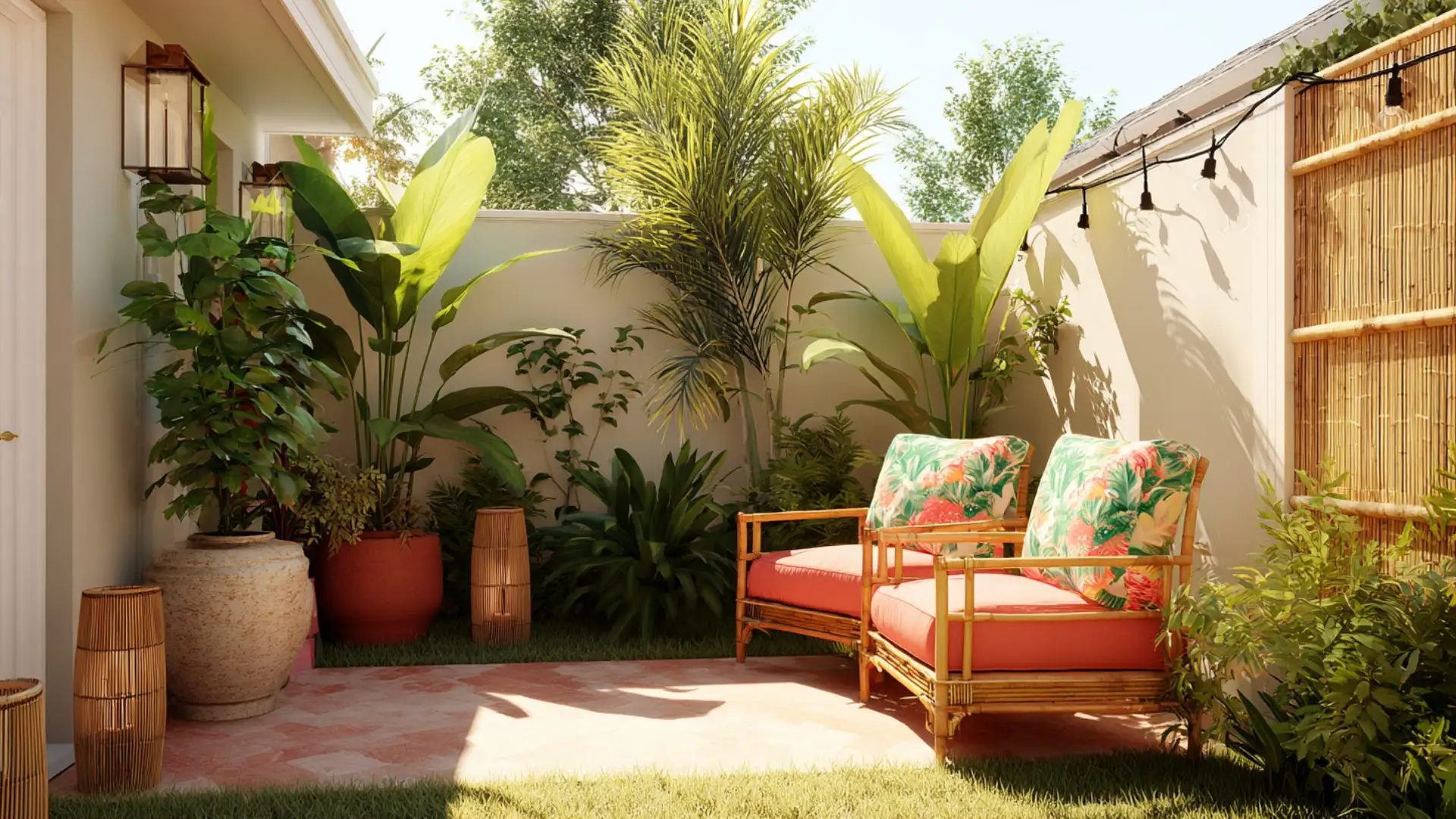 small patio area featuring a wooden fence and several potted plants creating a cozy outdoor space