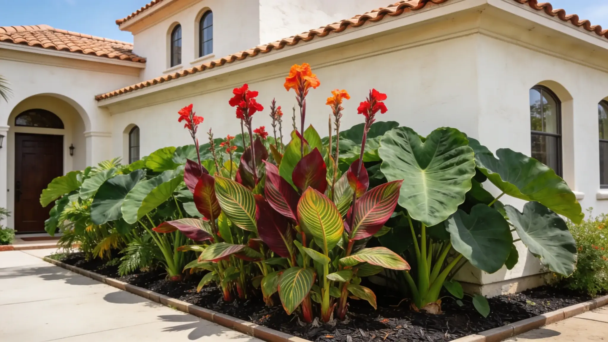 tropical front bed with bold canna lily and elephant ear planted before a mediterranean stucco home