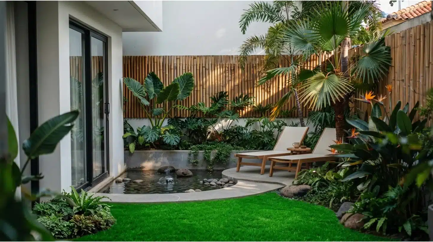 very small backyard tropical plants and stone path and lounge chairs