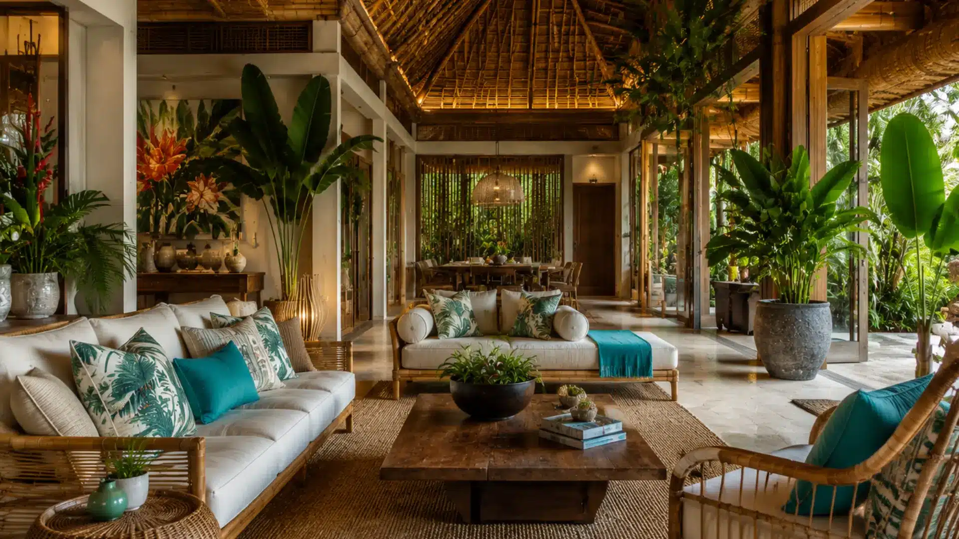 tropical living room with bamboo sofas teal leaf print pillows thatched ceiling and large banana leaf plants
