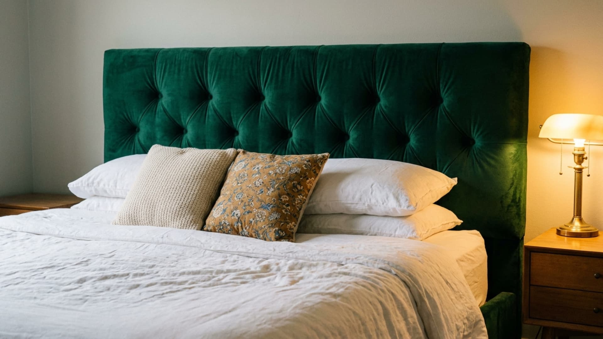 tufted velvet headboard in emerald green behind a bedroom bed