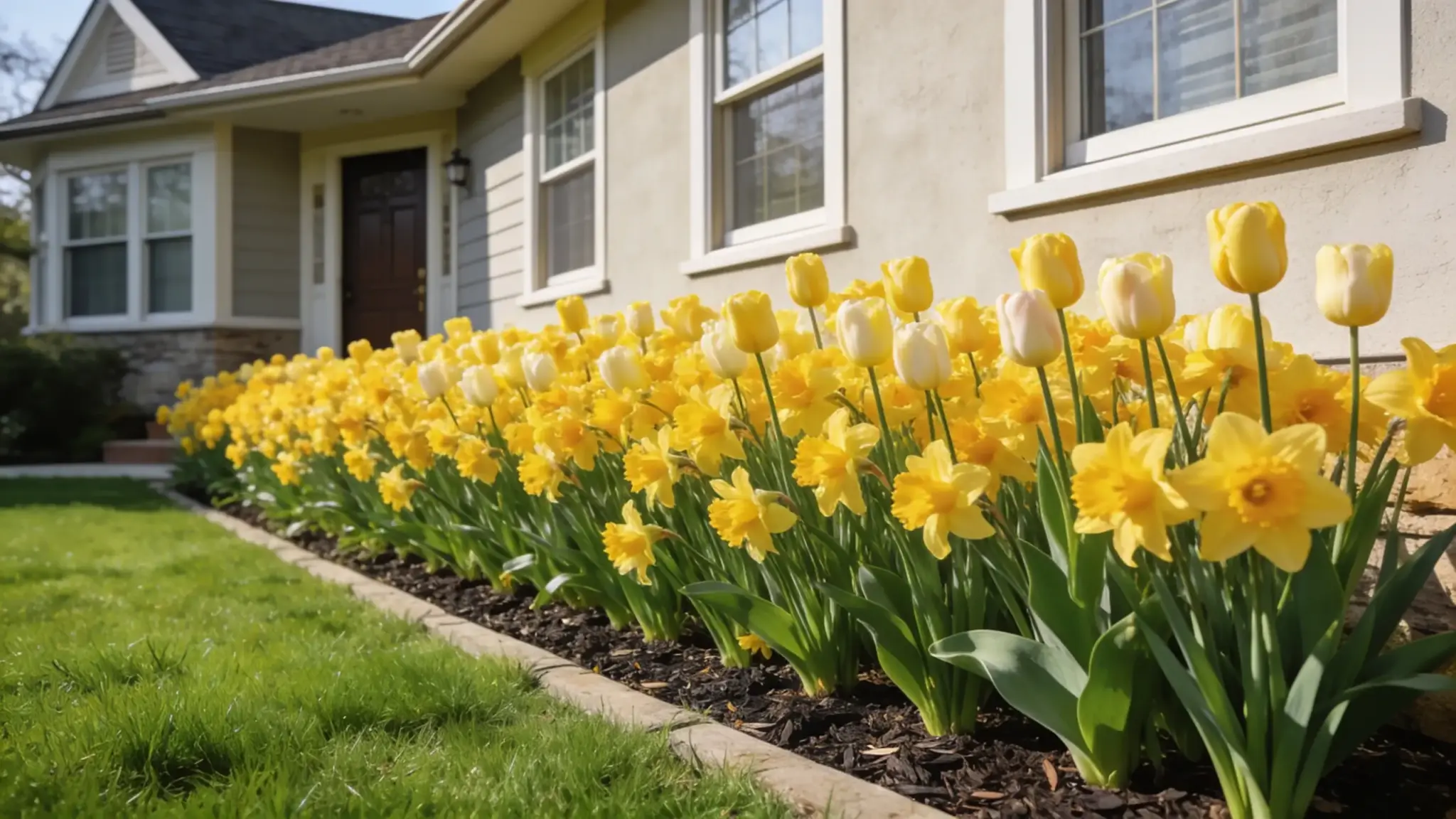 interplanted tulip and daffodil spring border in warm yellow tones along a traditional home