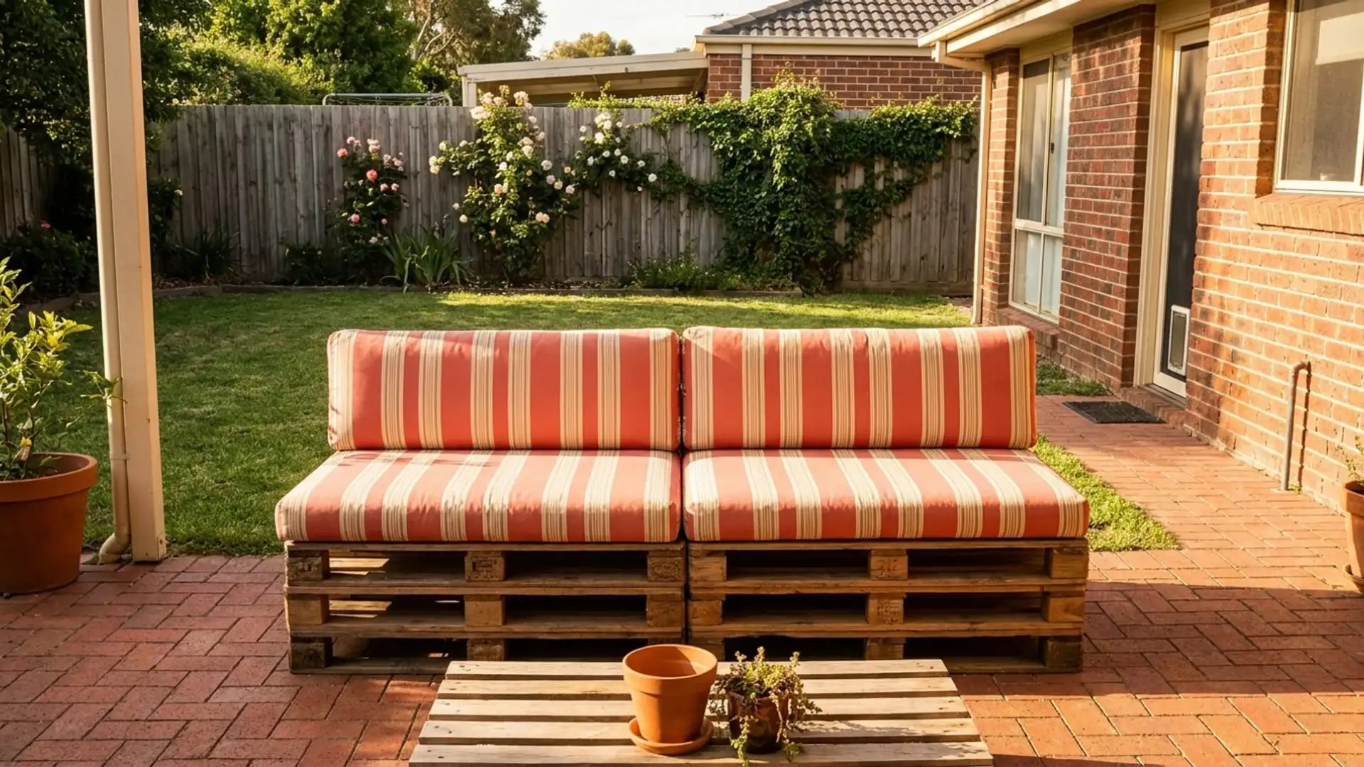 patio featuring a couch and table crafted from wooden pallets, surrounded by greenery and outdoor decor.