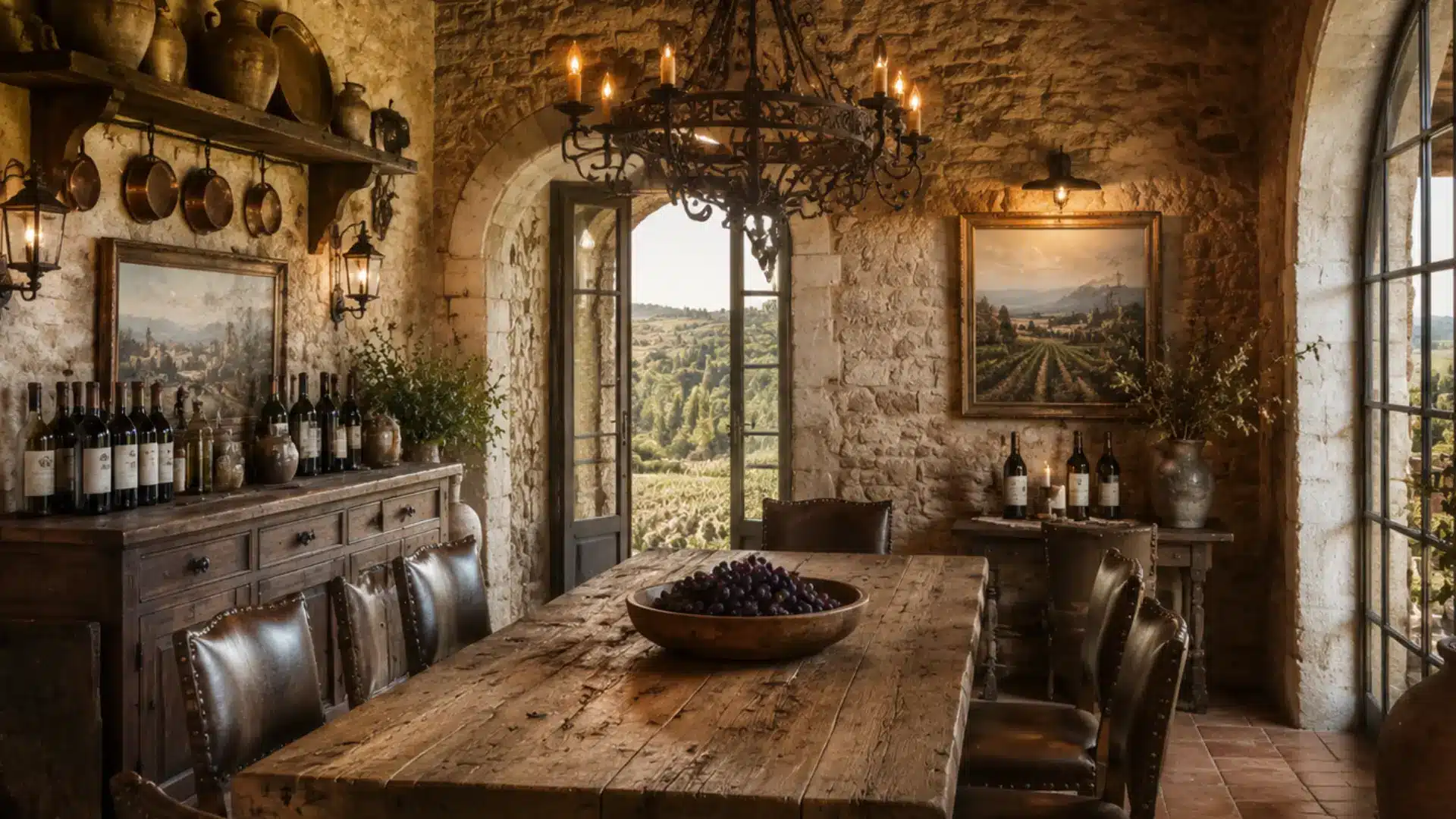 tuscan dining room with rough stone walls reclaimed wood table leather chairs iron chandelier and wine bottles