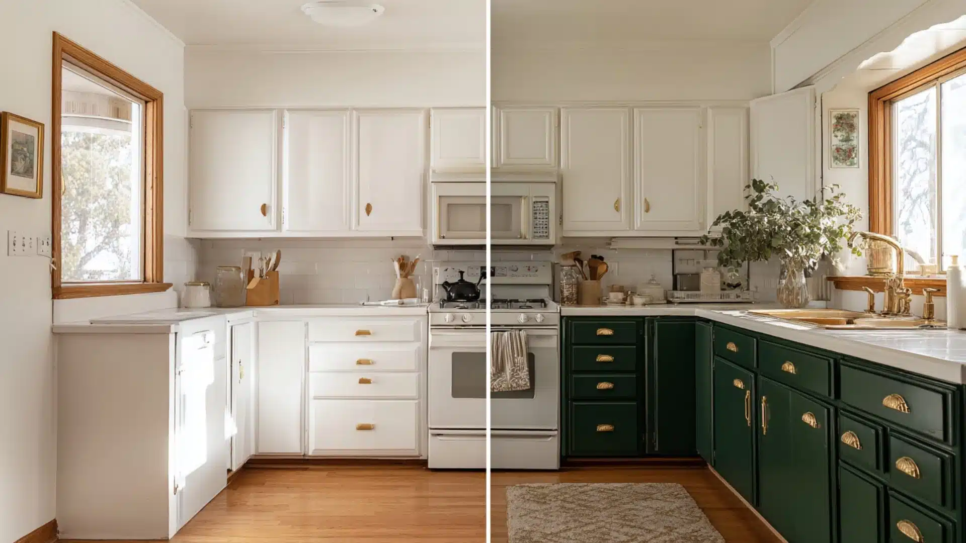 before and after kitchen with white lower cabinets repainted dark green and brass cup pull handles