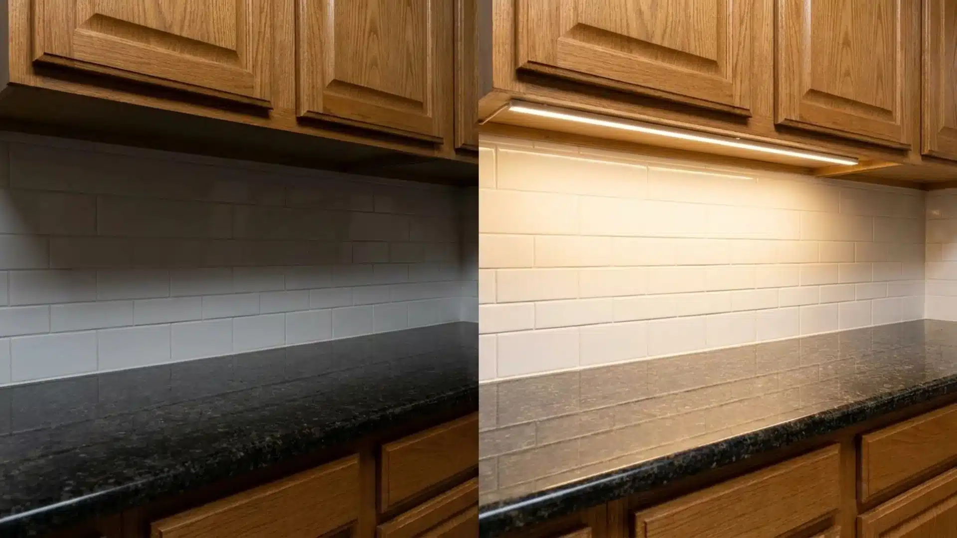 before and after kitchen backsplash showing a dim counter brightened by a warm under cabinet led strip