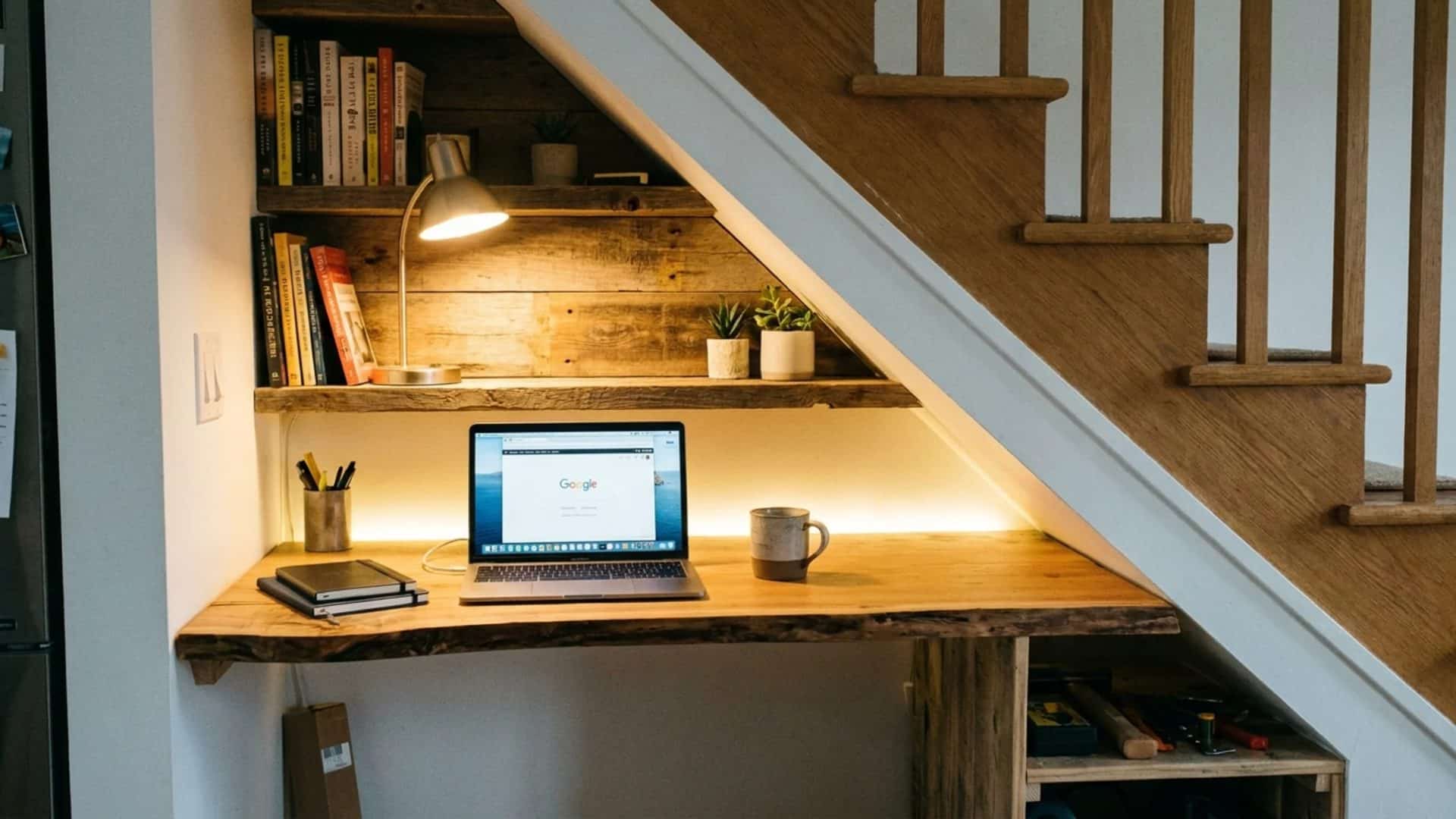 a small desk with a laptop positioned under a staircase in a cozy, compact workspace setting
