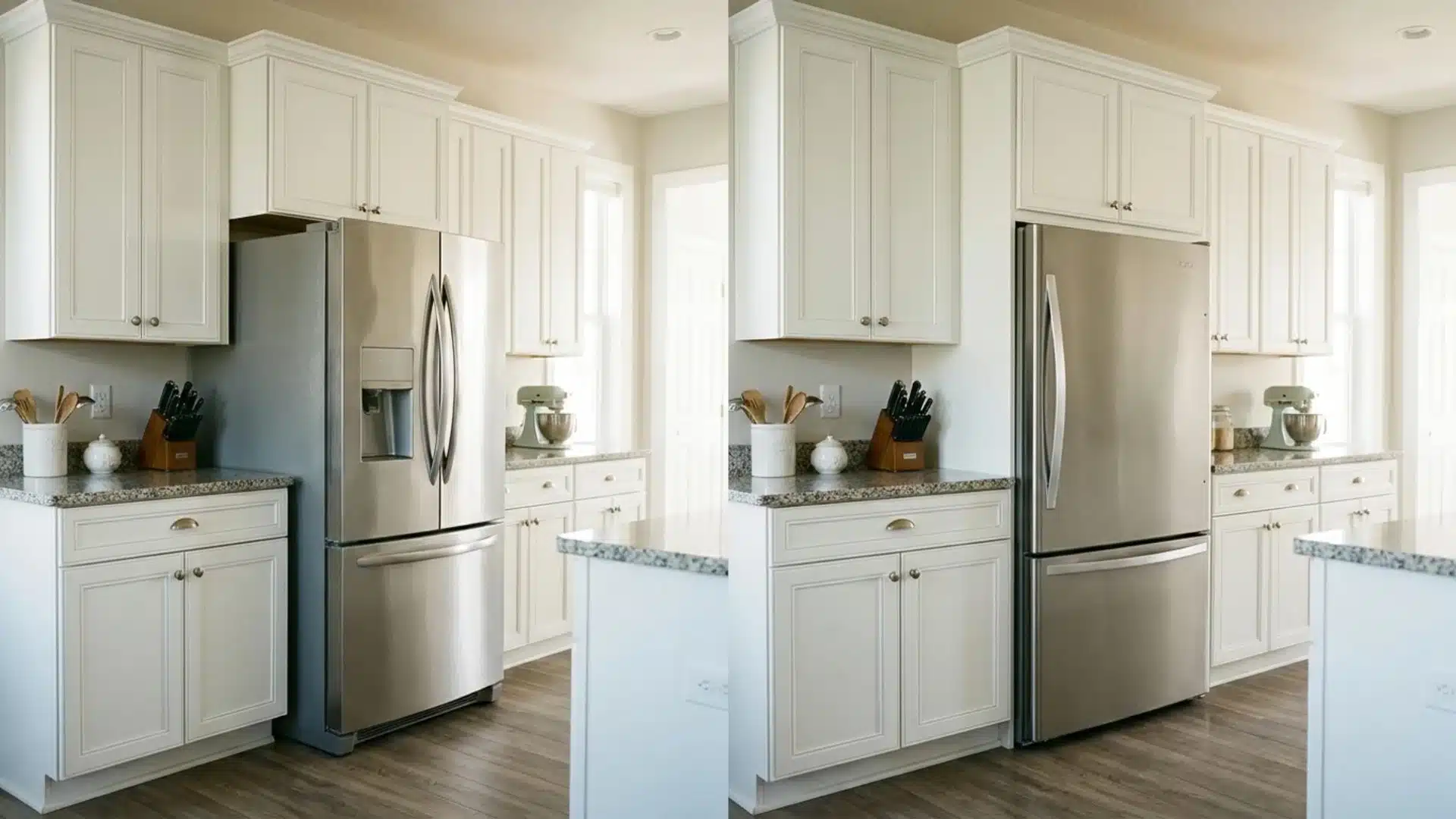 before and after kitchen photo showing standard fridge swapped for a flush counter-depth fridge