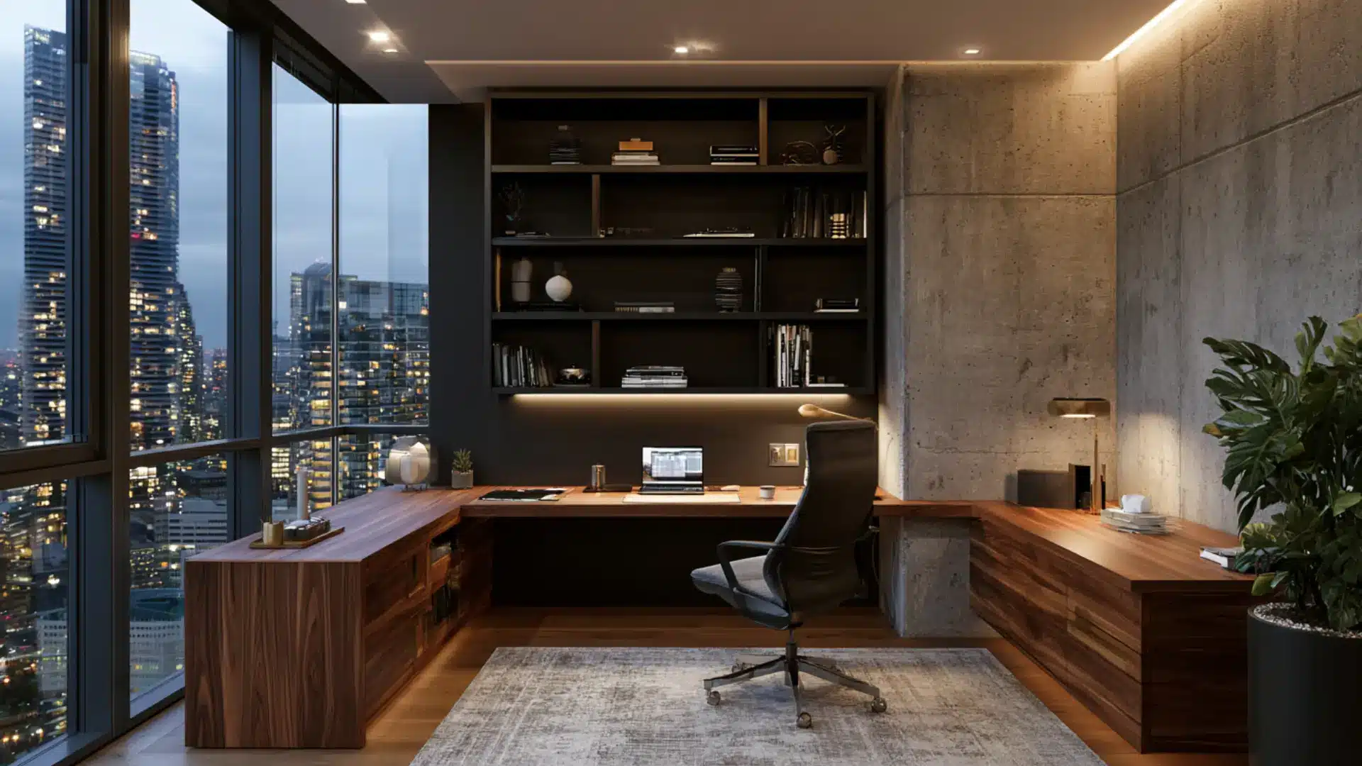 urban modern home office with walnut l-shaped desk built-in shelving concrete wall and floor-to-ceiling city views