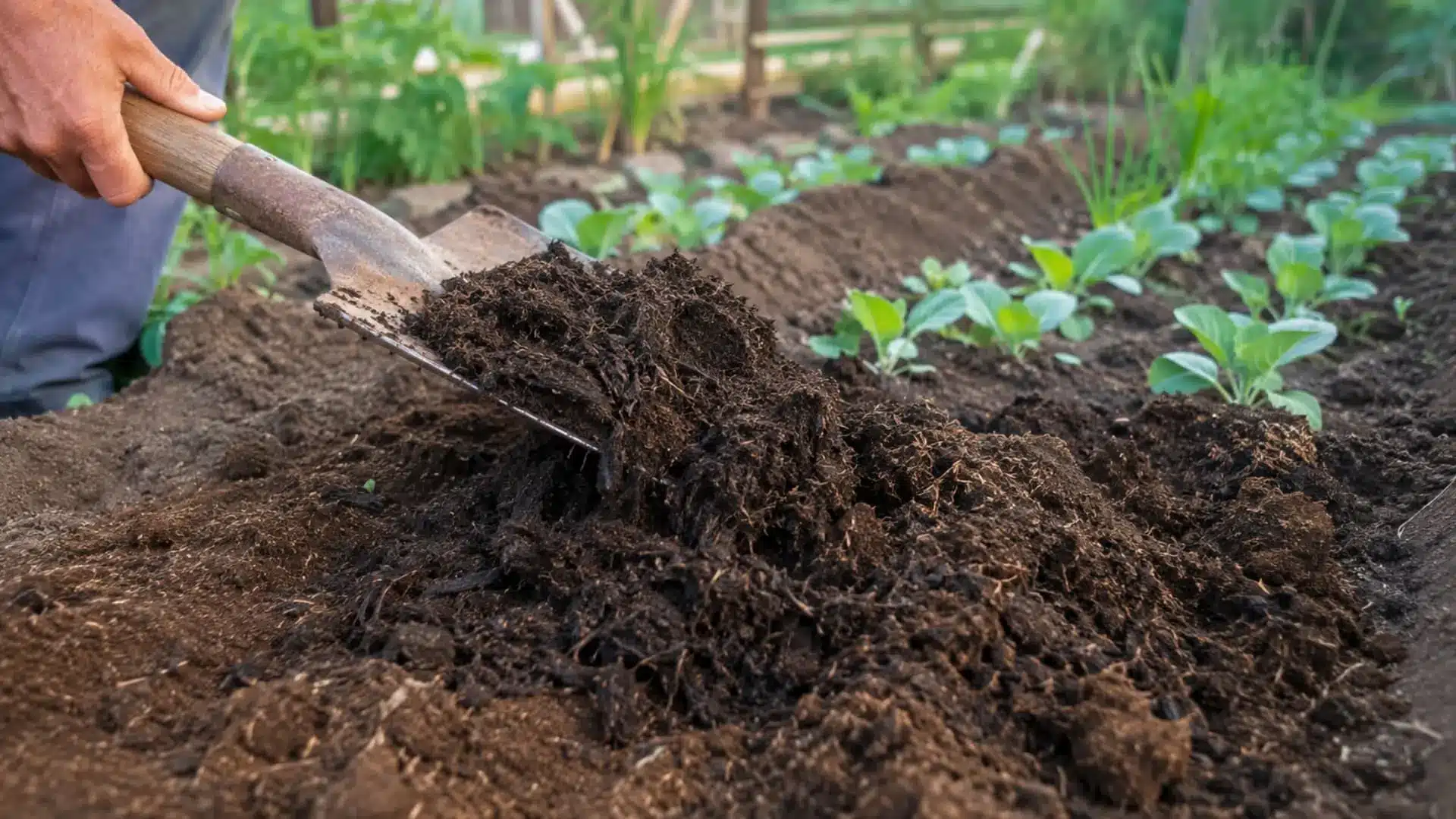 shovel turning dark aged manure into a garden bed with young vegetable seedlings growing in rows nearby