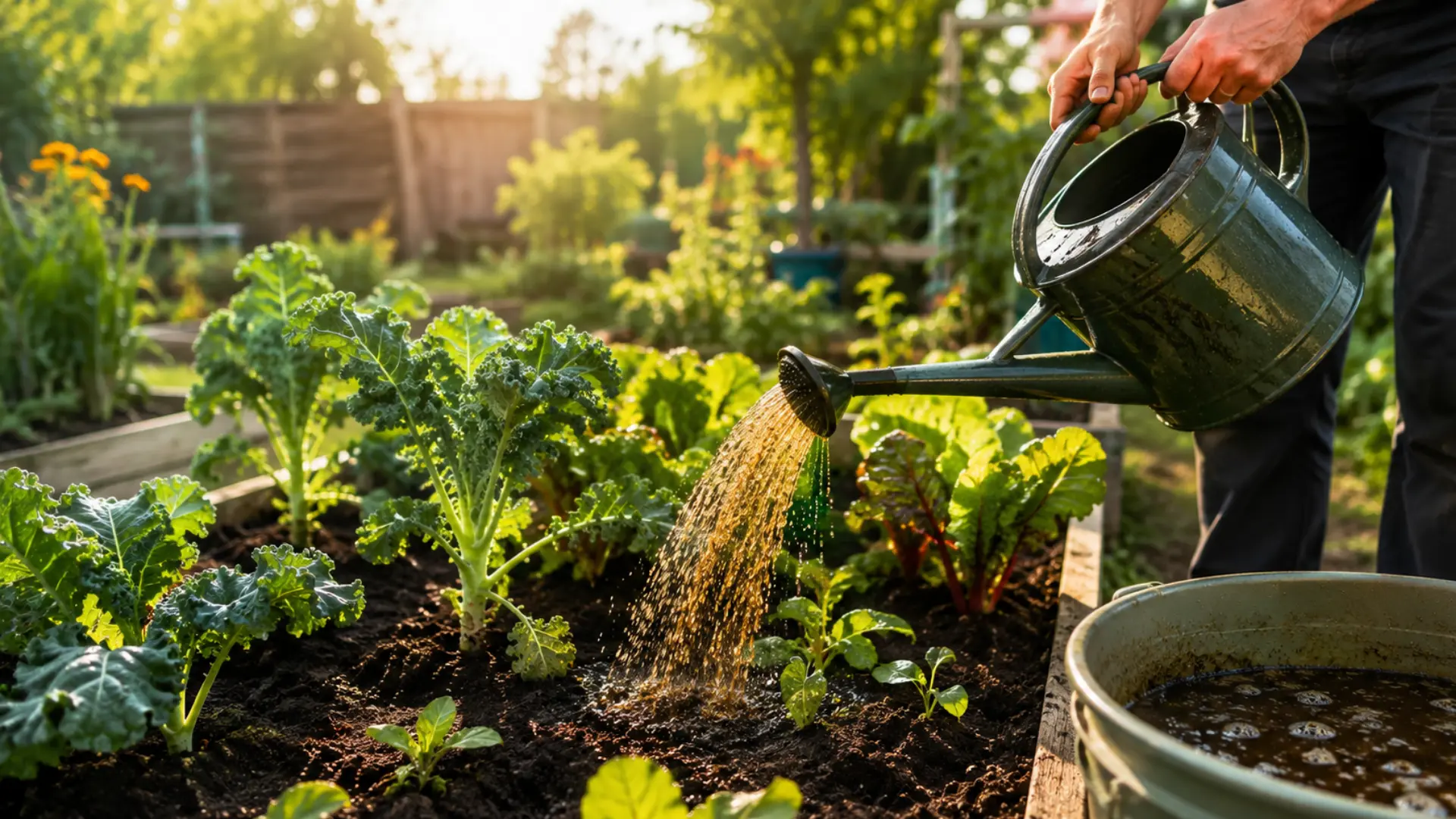 gardener pouring compost tea from a watering can onto kale and leafy vegetables in a raised garden bed
