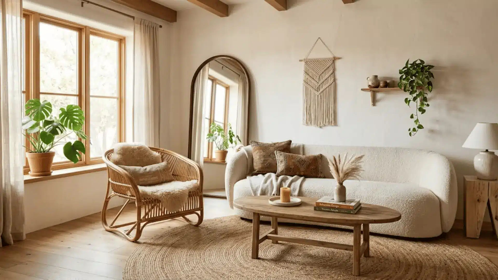 rounded boucle sofa, oval coffee table, and curved rattan chair in a modern boho living room