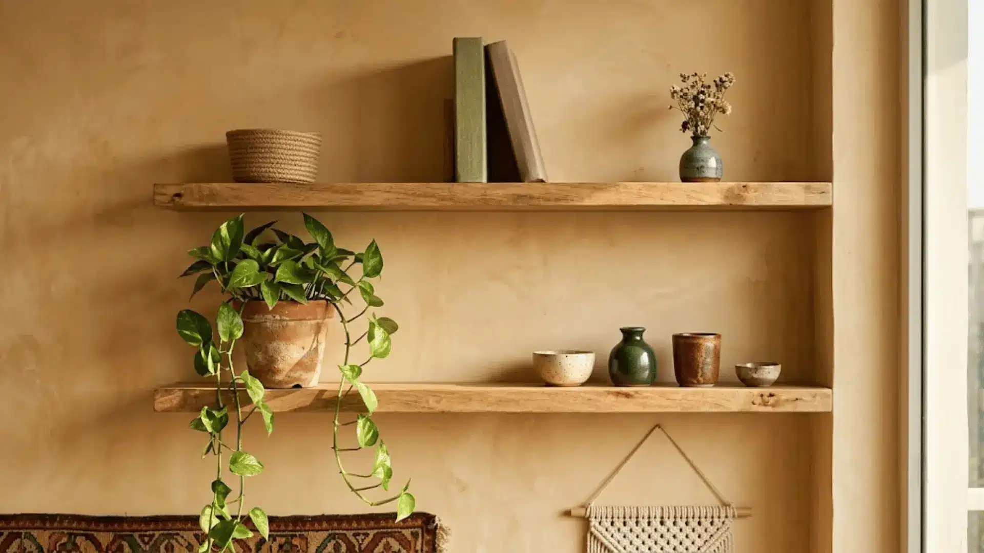 natural wood floating shelves styled with ceramics, trailing plant, and woven basket in a boho living space