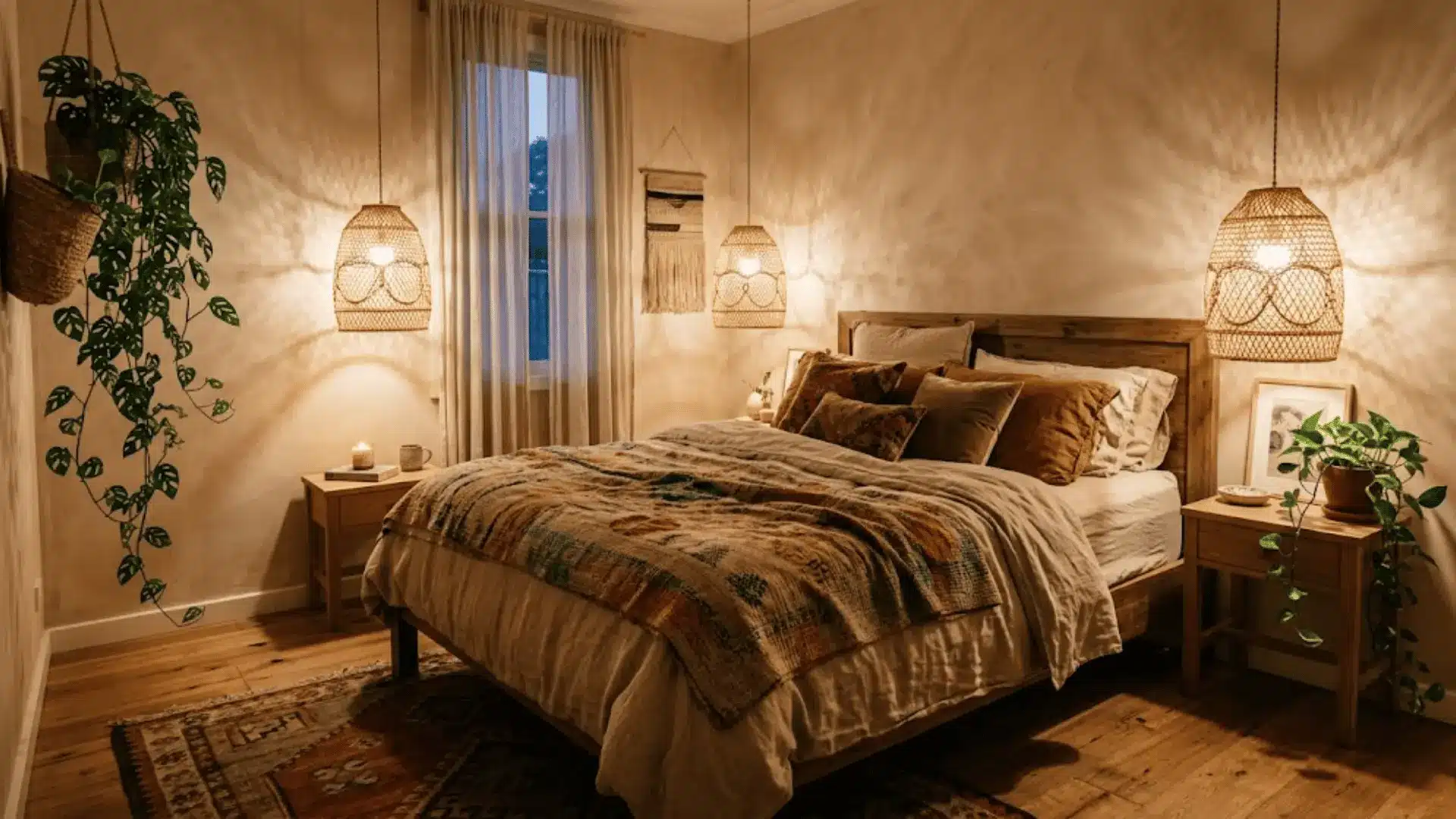 rattan pendant lights hanging on either side of a linen bed in a warm boho bedroom