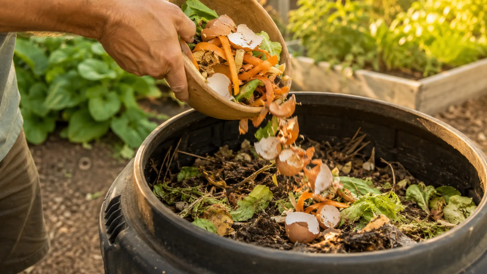 kitchen scraps with carrot peels, eggshells, and vegetable trimmings being tipped into an outdoor compost bin