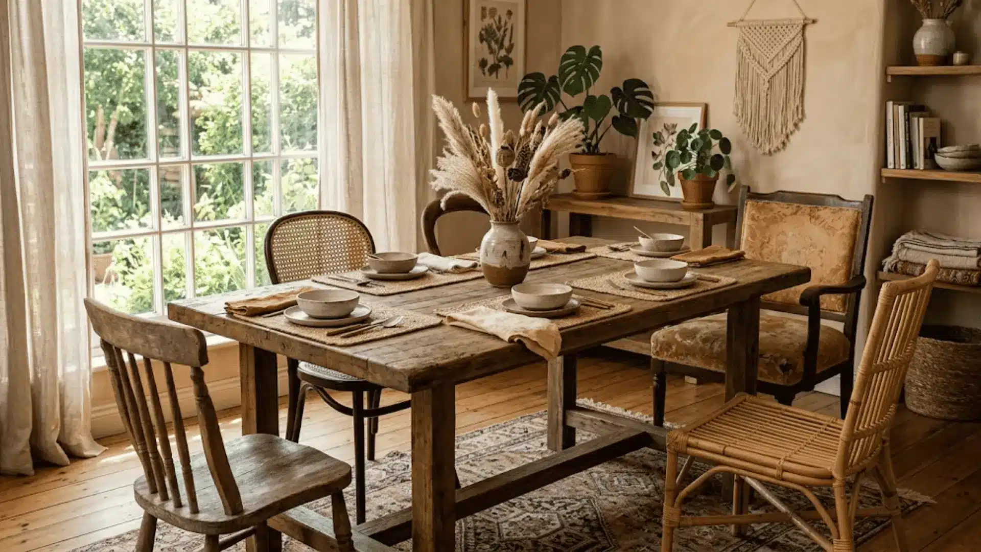 mismatched boho dining chairs around a reclaimed wood table in a warm natural light dining room