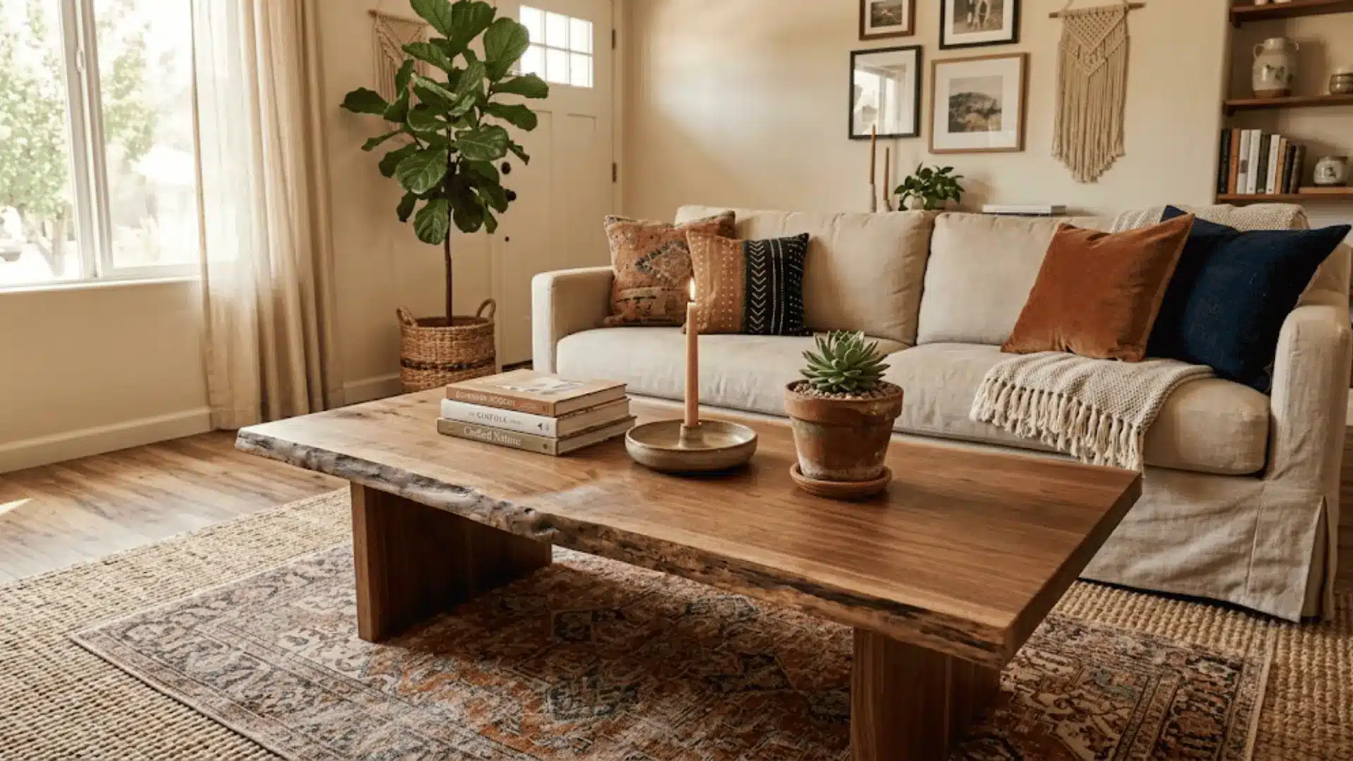 live-edge walnut coffee table styled with ceramics and plants on layered rugs in a boho living room