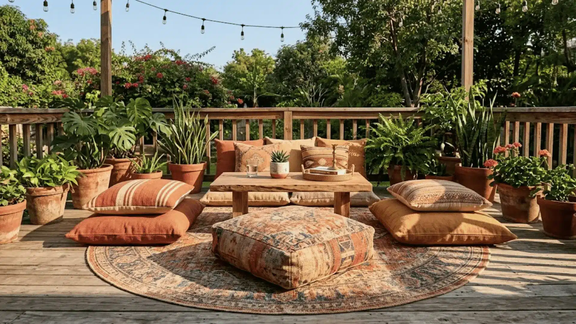 faded global pattern outdoor rug with floor cushions around a low wood table on a boho deck