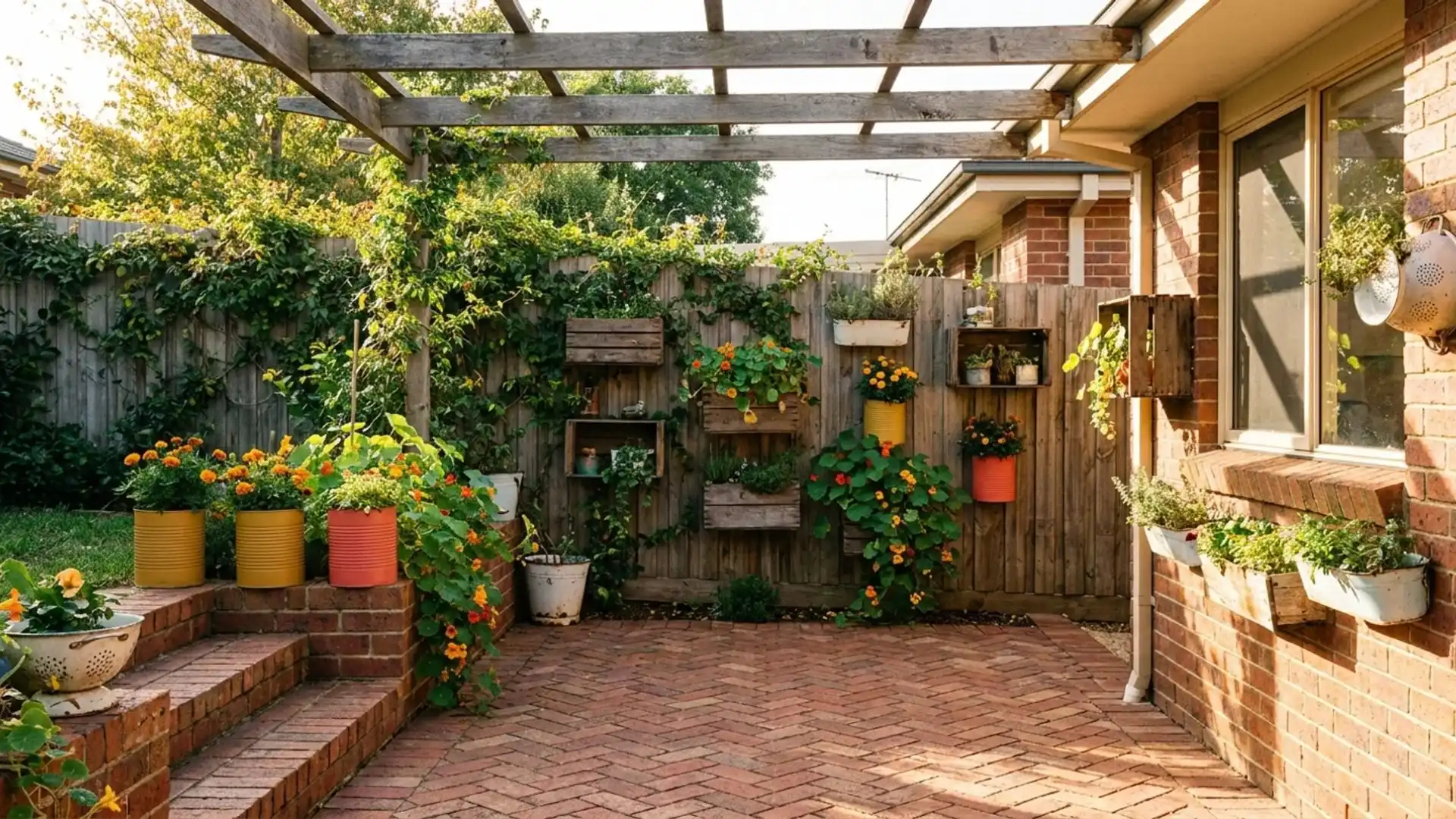 brick patio featuring potted plants and a pergola overhead, creating a cozy outdoor space for relaxation.