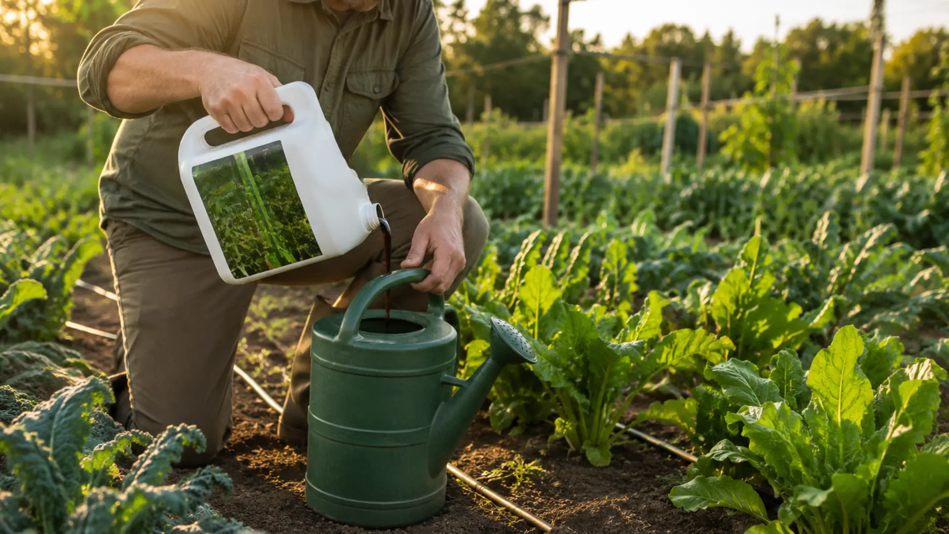 gardener pouring liquid seaweed fertiliser into a green watering can between rows of kale and leafy vegetables