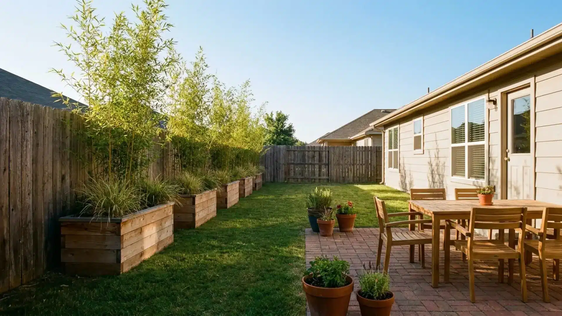 a backyard scene featuring a wooden table surrounded by four chairs under a clear blue sky.