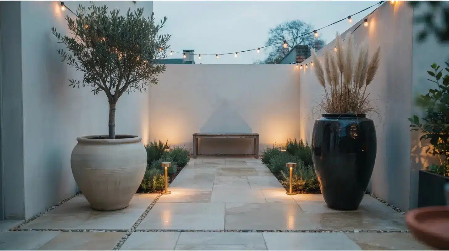 very small backyard with large pots and decorative stone flooring