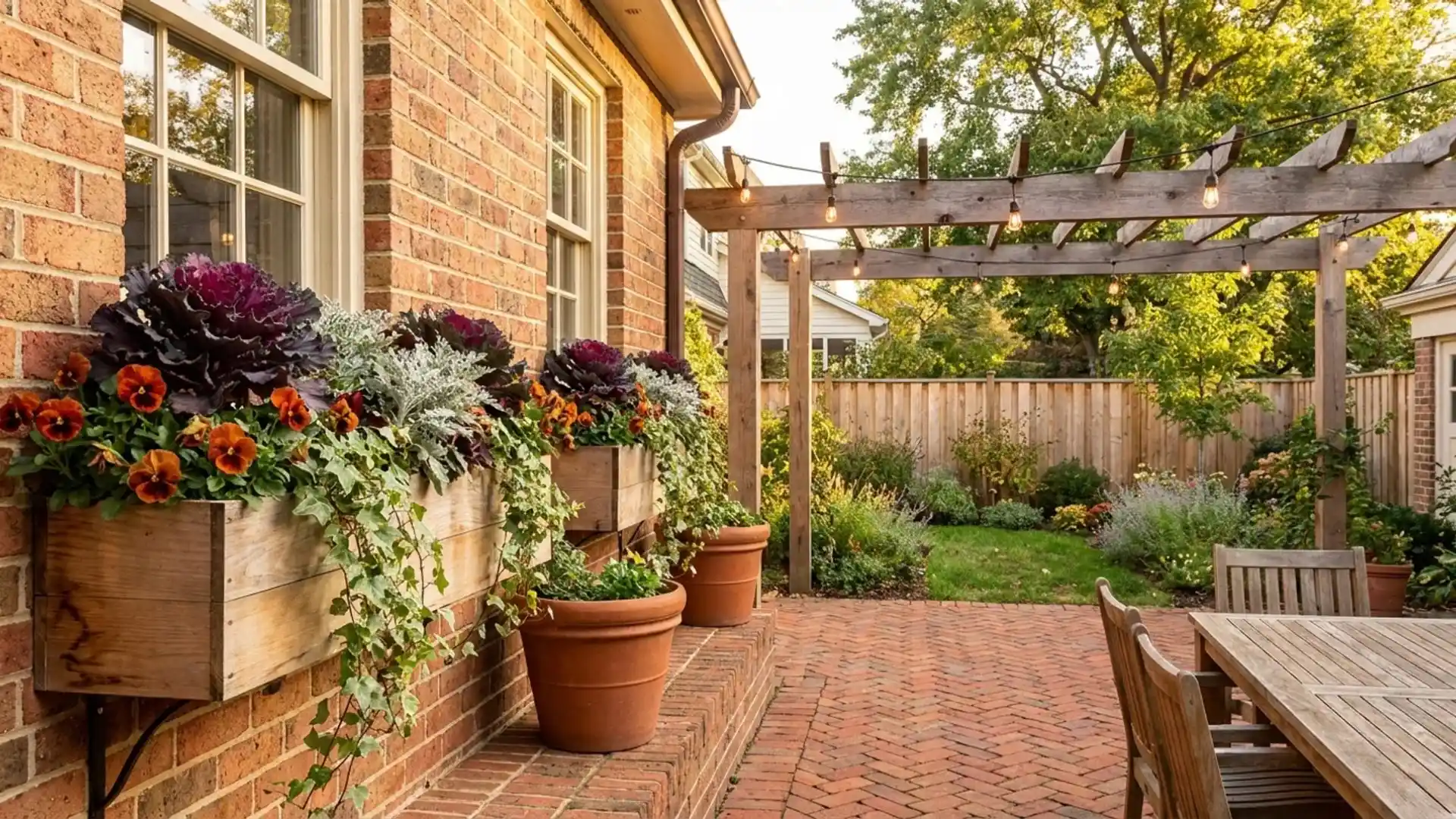 brick patio adorned with potted plants and a wooden pergola providing shade and a cozy outdoor atmosphere