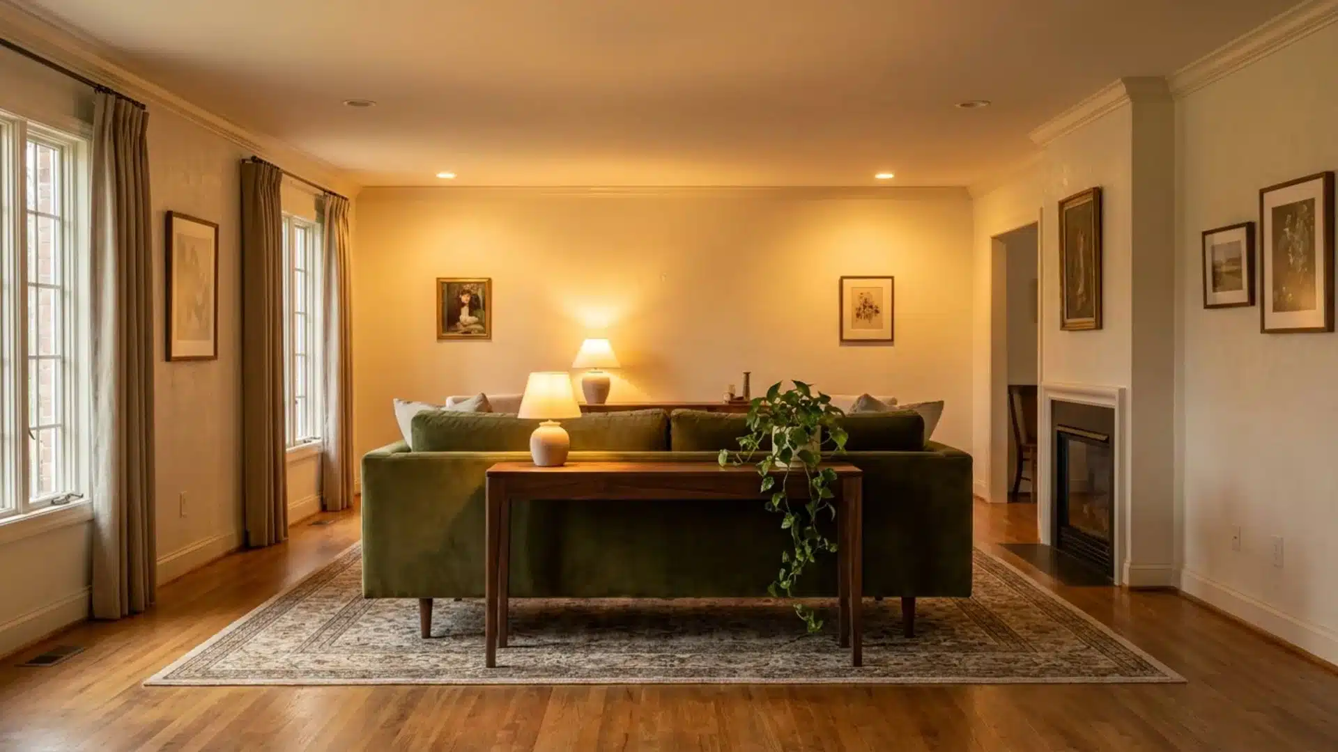console table placed behind sofa with lamps and decor, defining seating area while maintaining room circulation paths