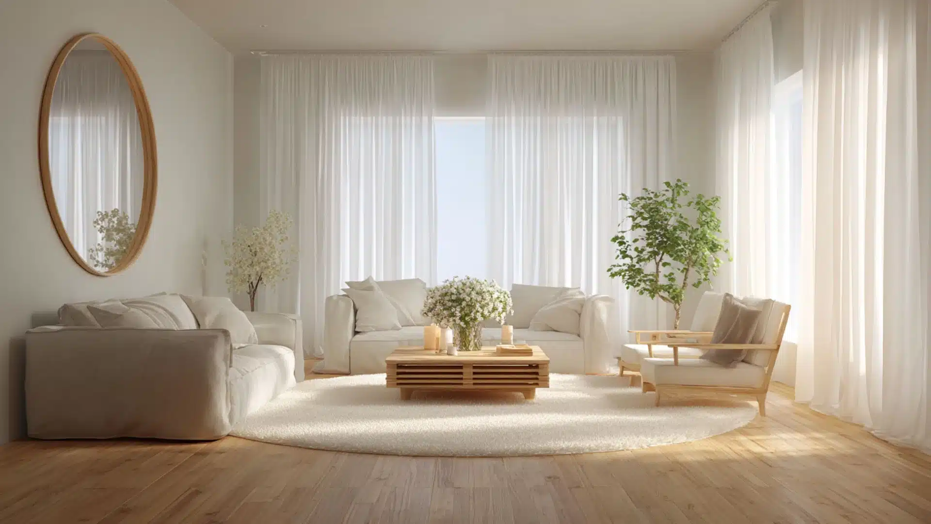 bright living room with sheer curtains, neutral seating, round rug, and soft natural light across the space