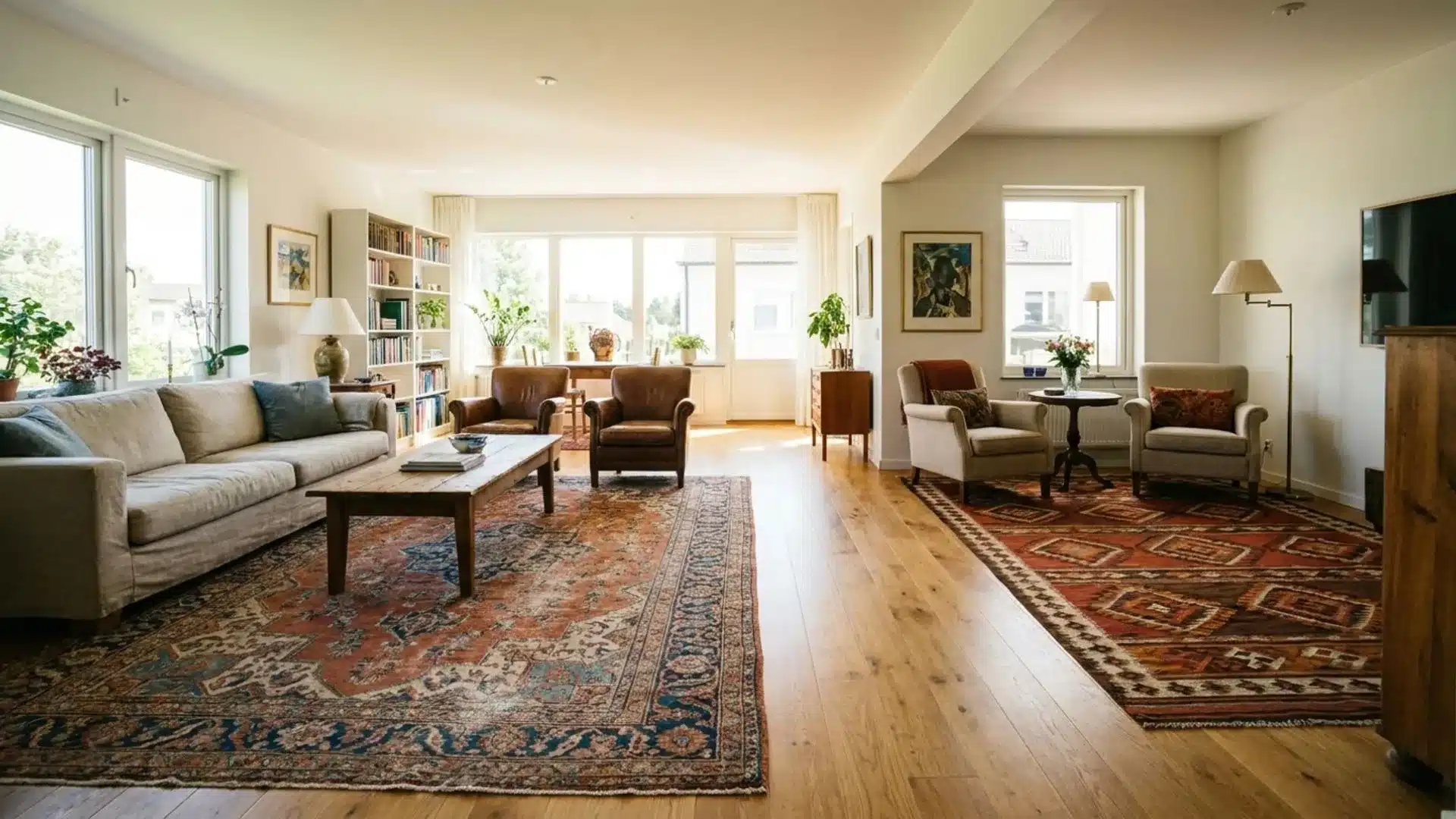 living room divided into separate seating zones with rugs, armchairs, sofa, and open pathways between areas
