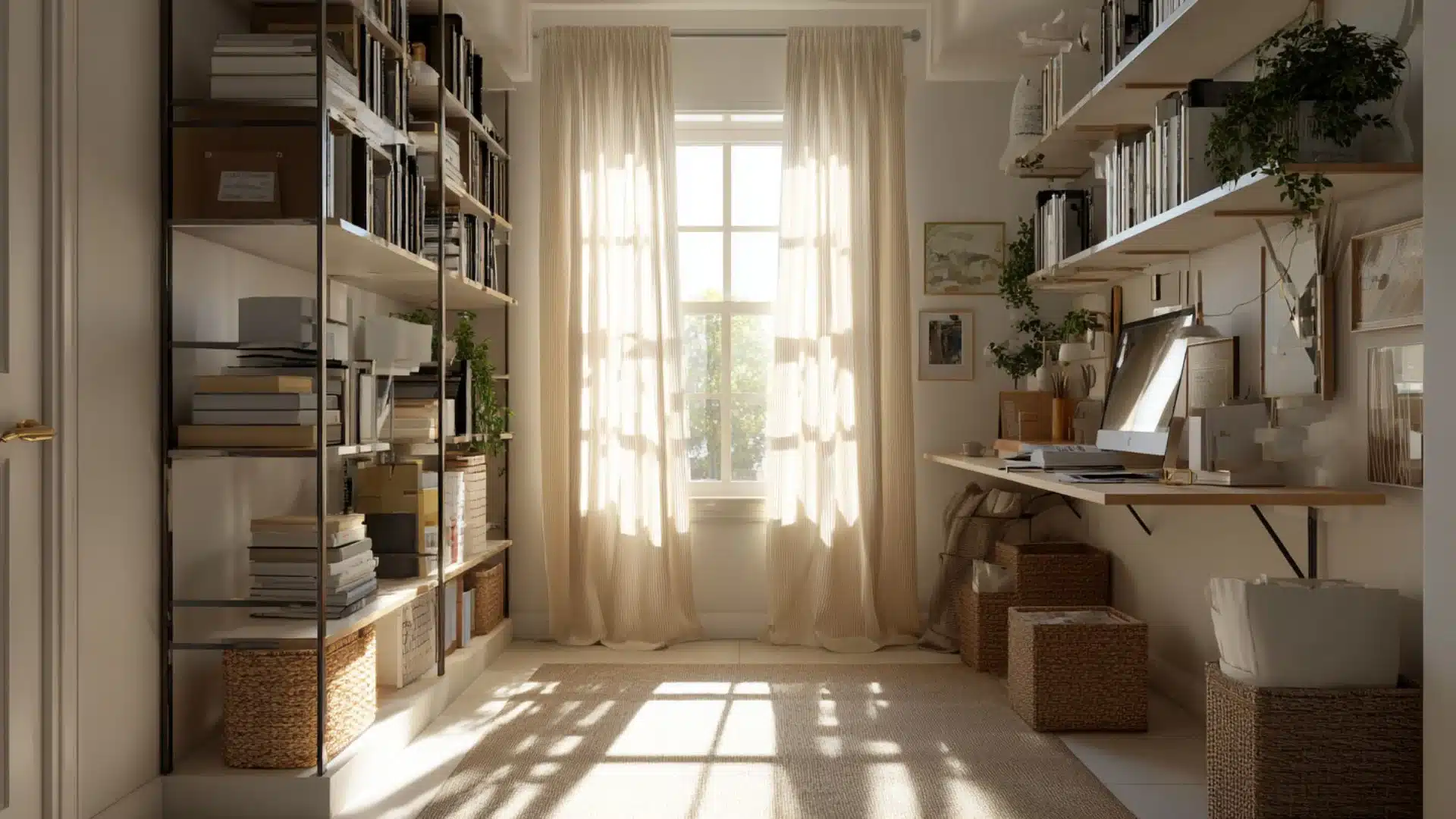 home office with floor-to-ceiling shelving, wall-mounted desk, storage baskets, and natural light maximizing space
