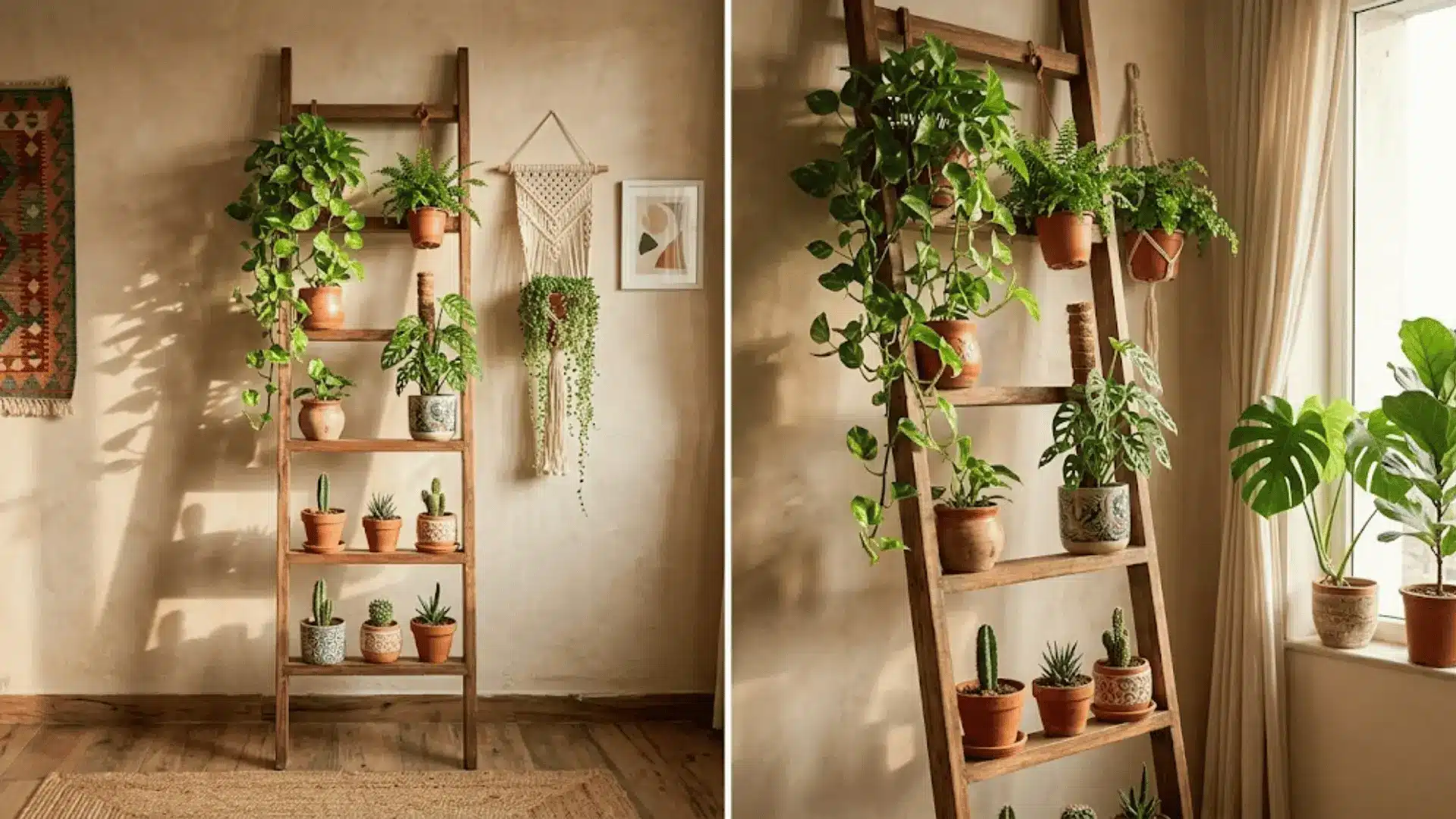 vertical boho plant display on a ladder shelf with trailing pothos and macramé holders on a warm wall