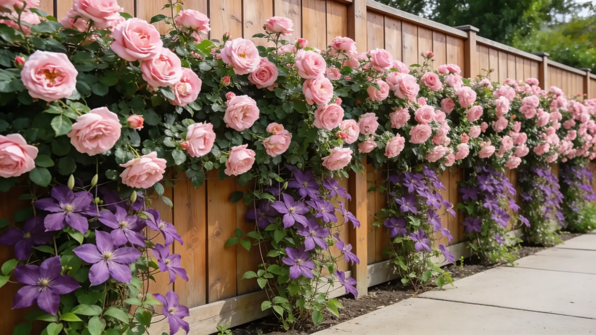  vertical flower wall with pink climbing roses and purple clematis on a timber fence