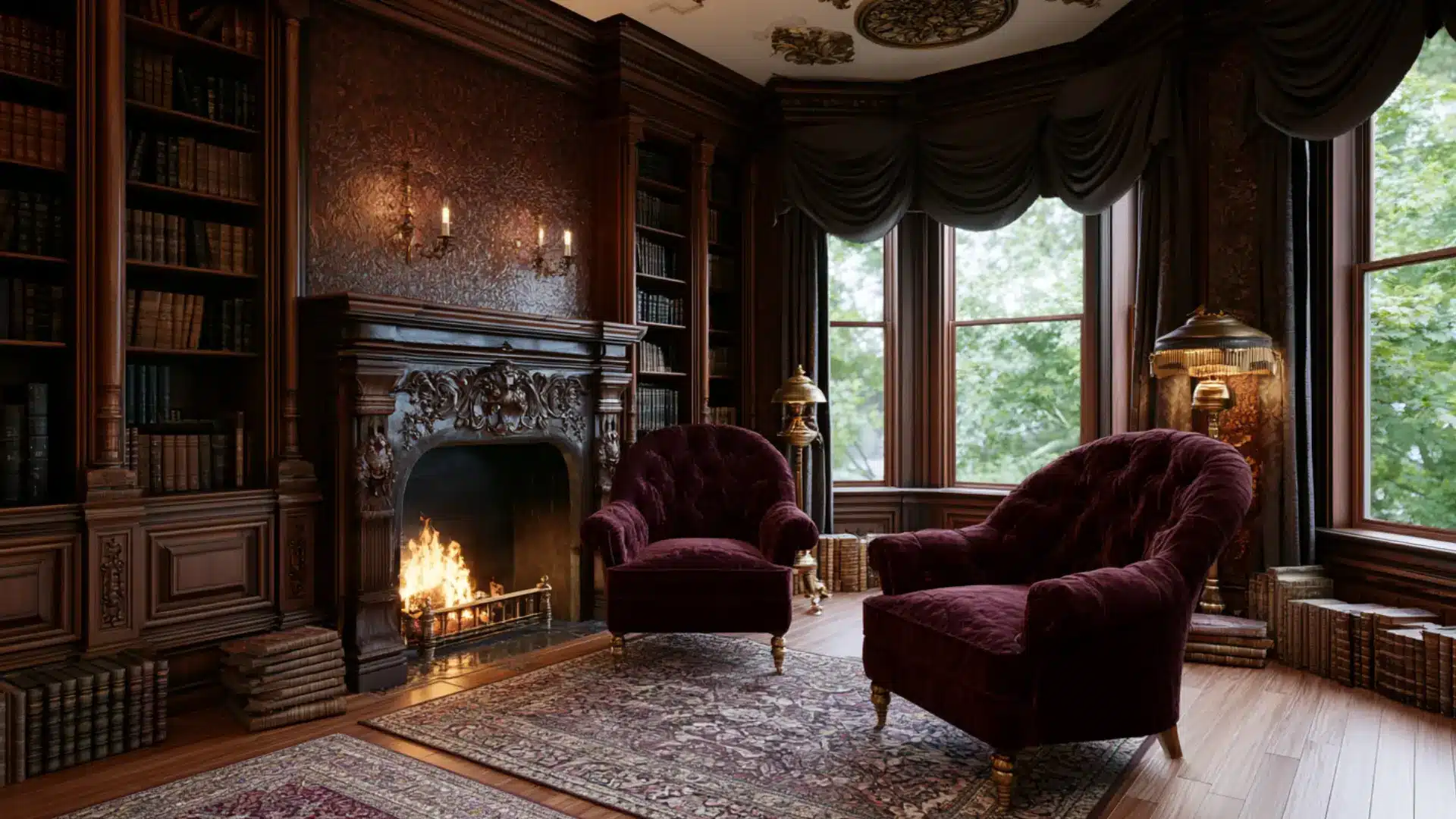 victorian library with carved fireplace mantel burgundy velvet armchairs dark wood bookshelves and draped curtains