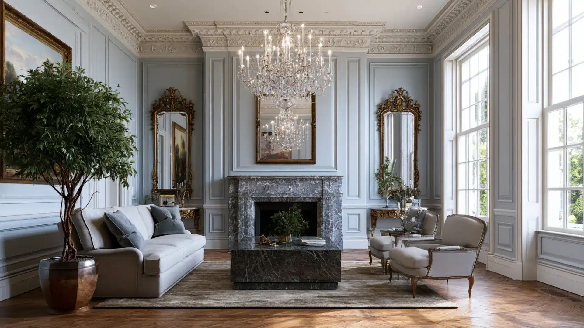 georgian living room with crystal chandelier gray marble fireplace gilded mirrors paneled walls and parquet floor