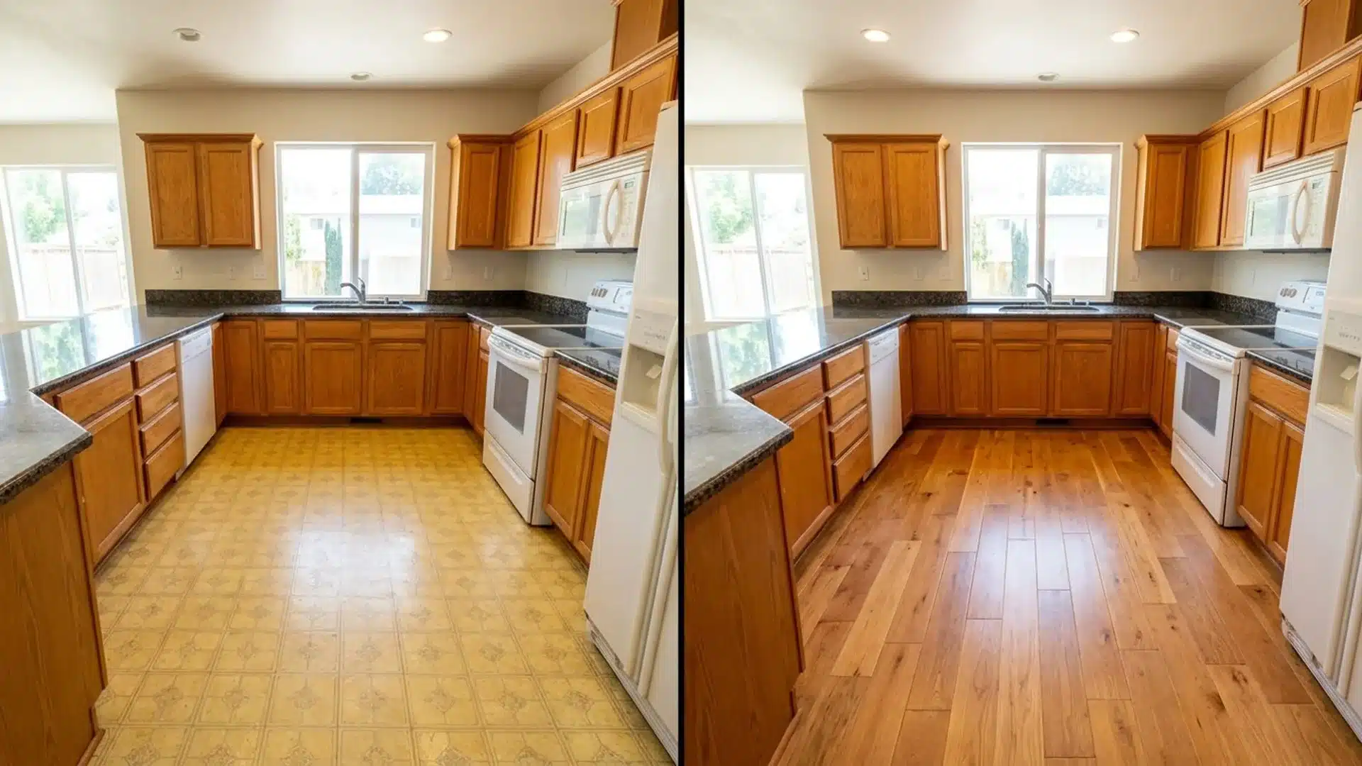 before and after kitchen showing dated yellow vinyl floor replaced with warm hardwood flooring