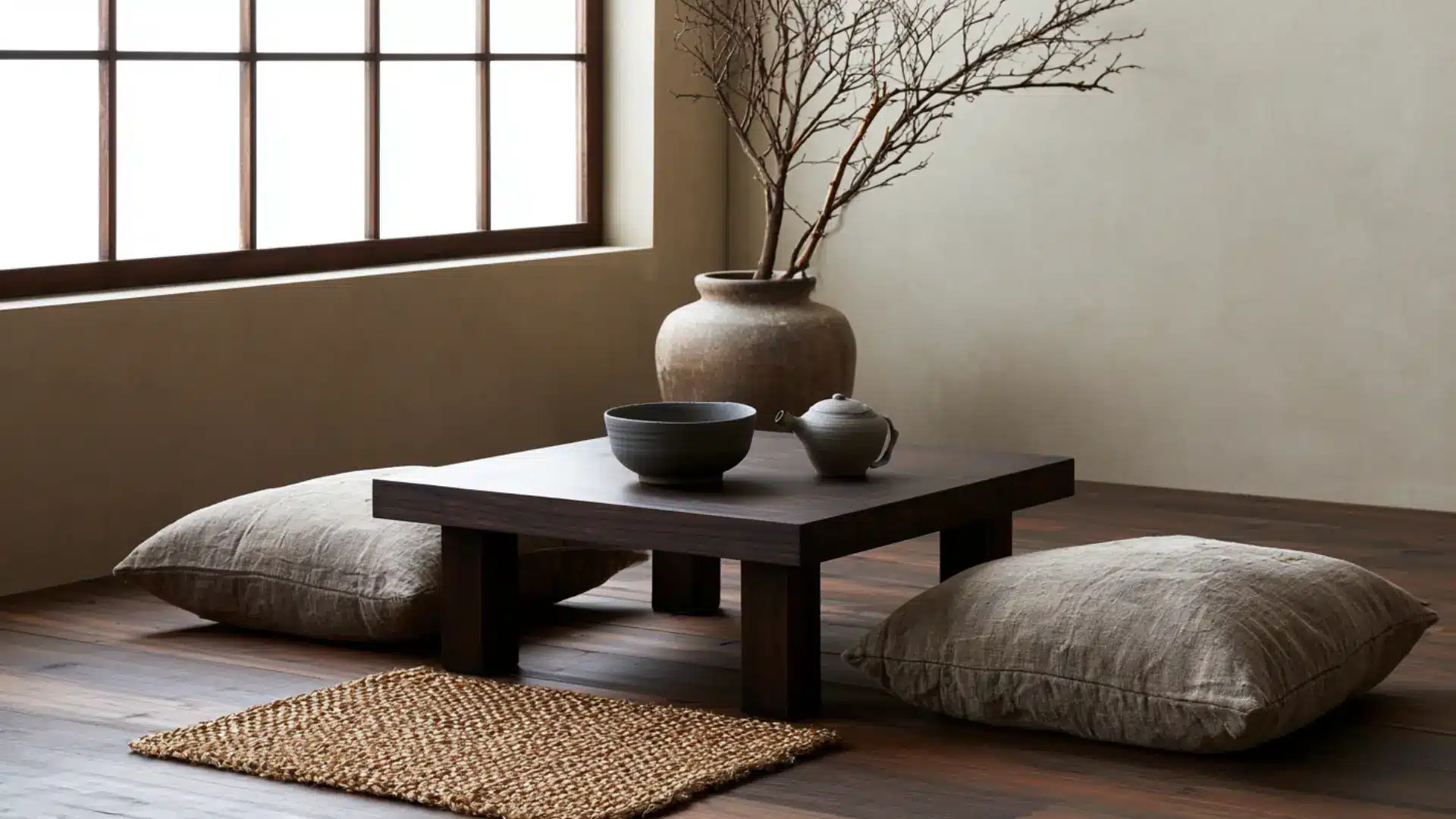 wabi-sabi sitting area with low dark wood table linen floor cushions ceramic tea set and bare branch vase