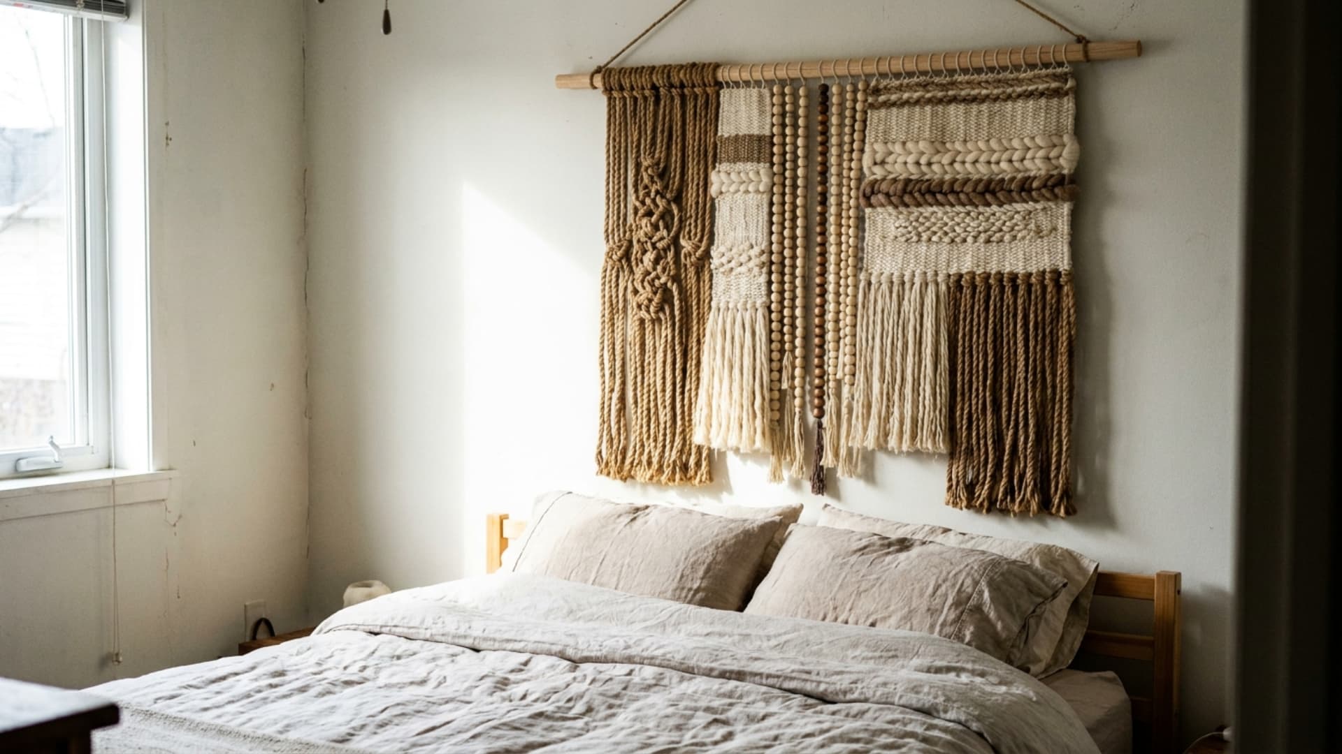wall hanging style headboard with woven sections behind a bed