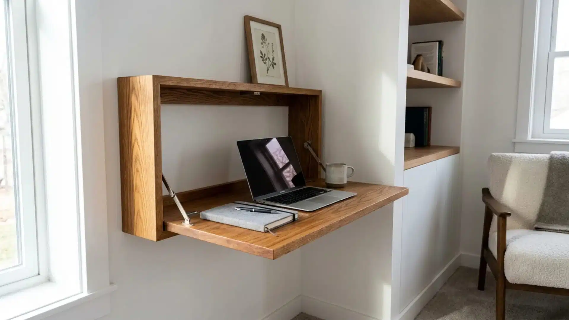 a laptop placed on a wooden shelf in a cozy small room with soft lighting and minimal decor